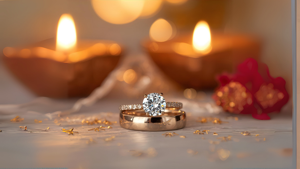 Two rings arranged beside lit Diwali lamps