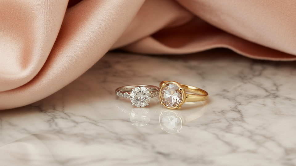 A two-stone ring on marble beside pale fabric