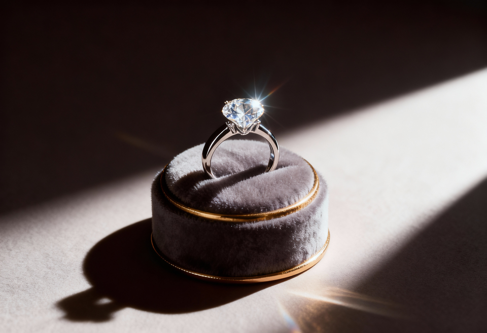 A solitaire-style ring displayed in a round dark jewellery box