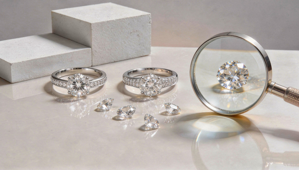 Rings and loose faceted stones beside a jeweller’s loupe