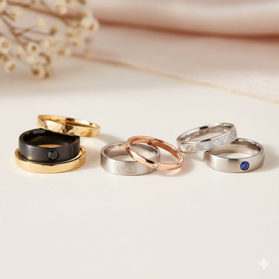 An assortment of bands and rings for couples