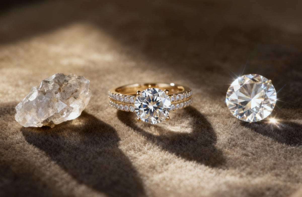 Rings and loose faceted stones arranged on sand
