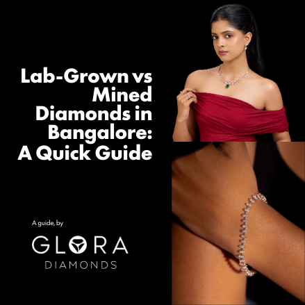 A woman in a red outfit and a close-up of a bracelet in a lab-grown and mined diamond comparison graphic