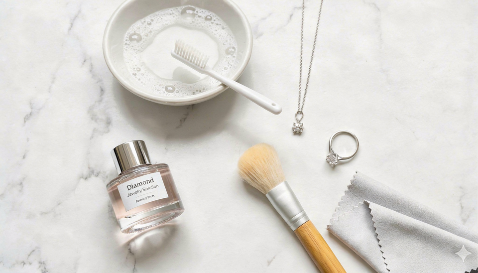 A ring with jewellery-cleaning tools arranged on a light surface