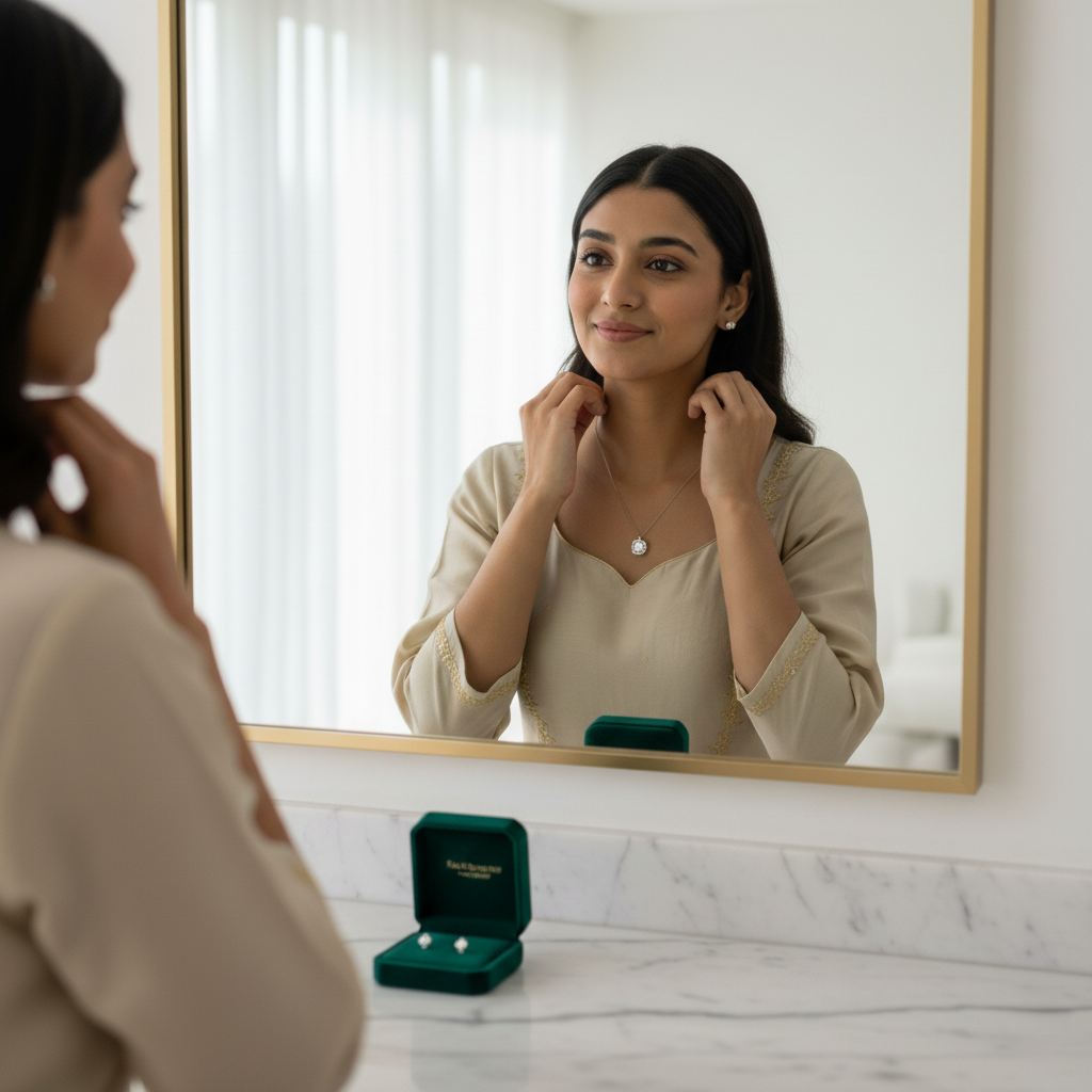 A woman trying on an earring in front of a mirror