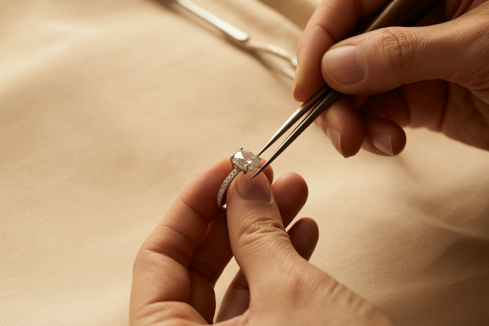 A jeweller using tweezers while working on a ring
