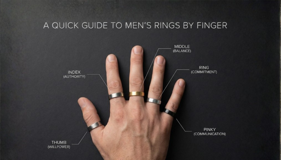 An illustrated hand with labels explaining symbolic ring placements