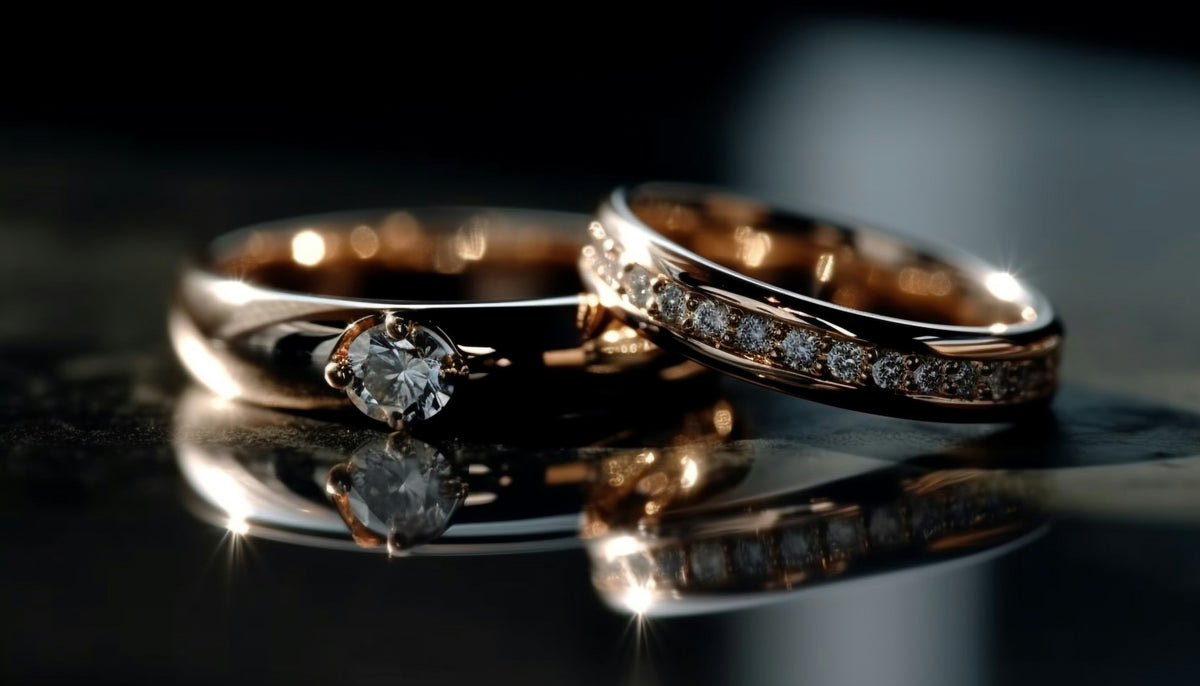 A close-up of stacked rings on a dark background
