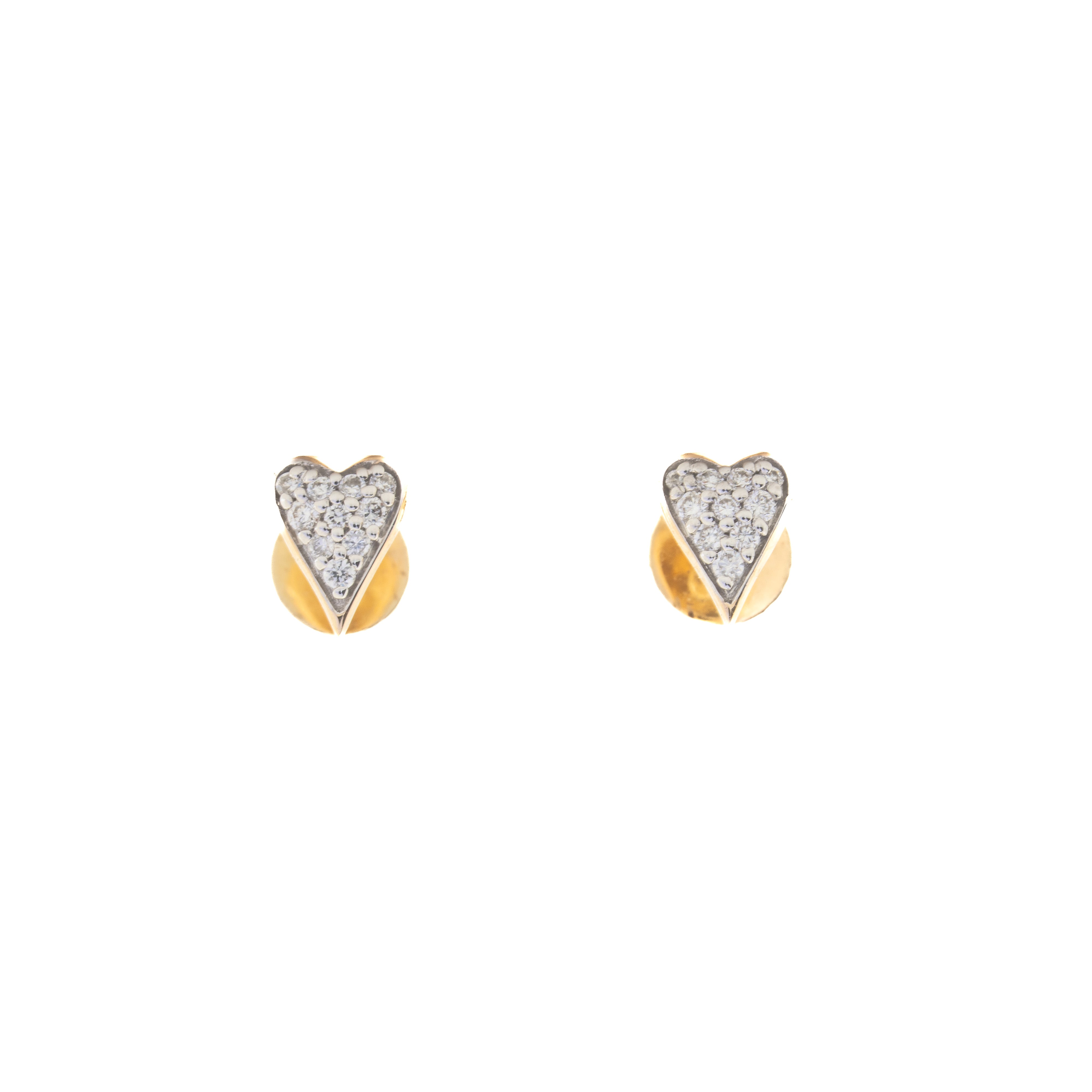 Heart-shaped earrings with diamond accents on a white background