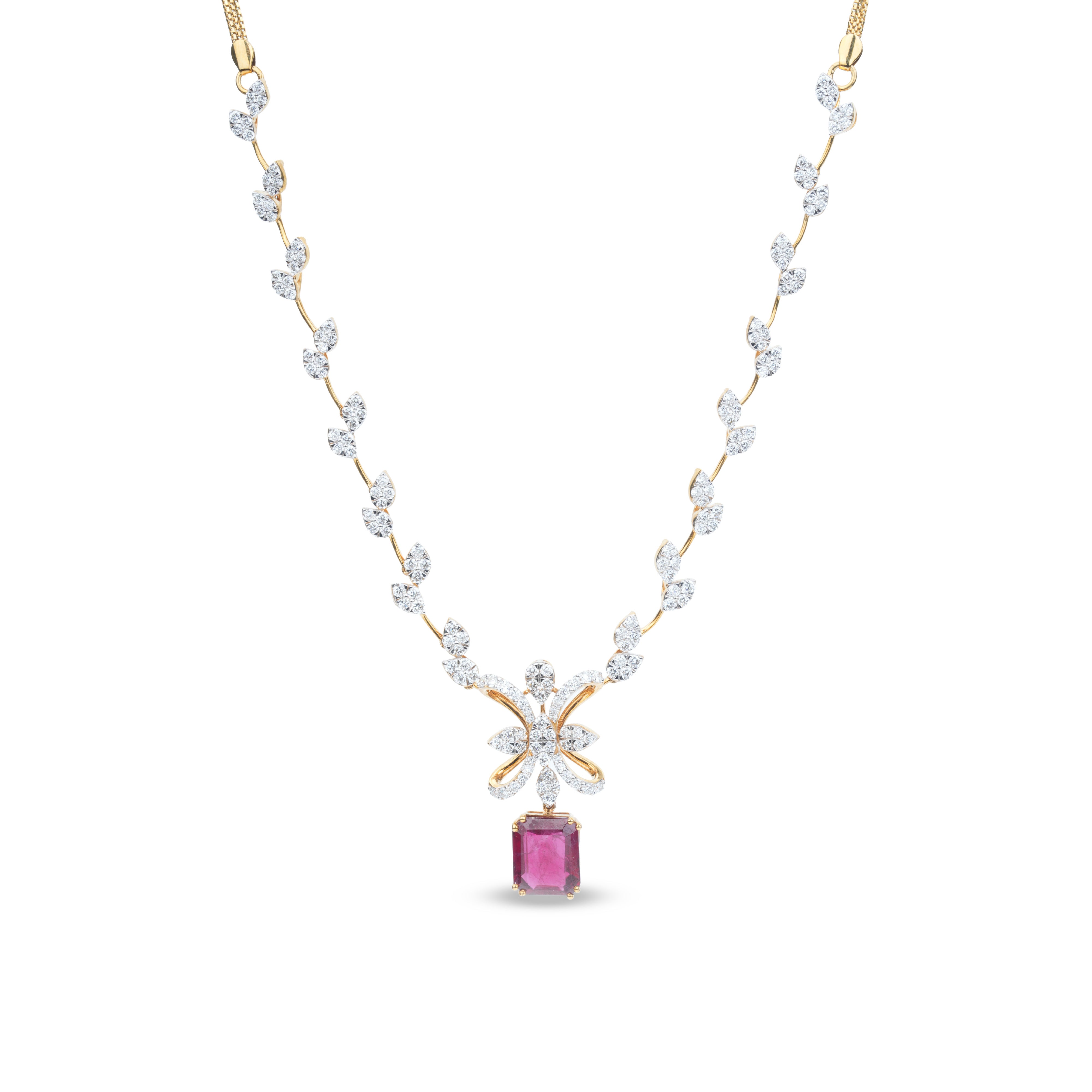 Floral Diamond Necklace with Pink Gemstone