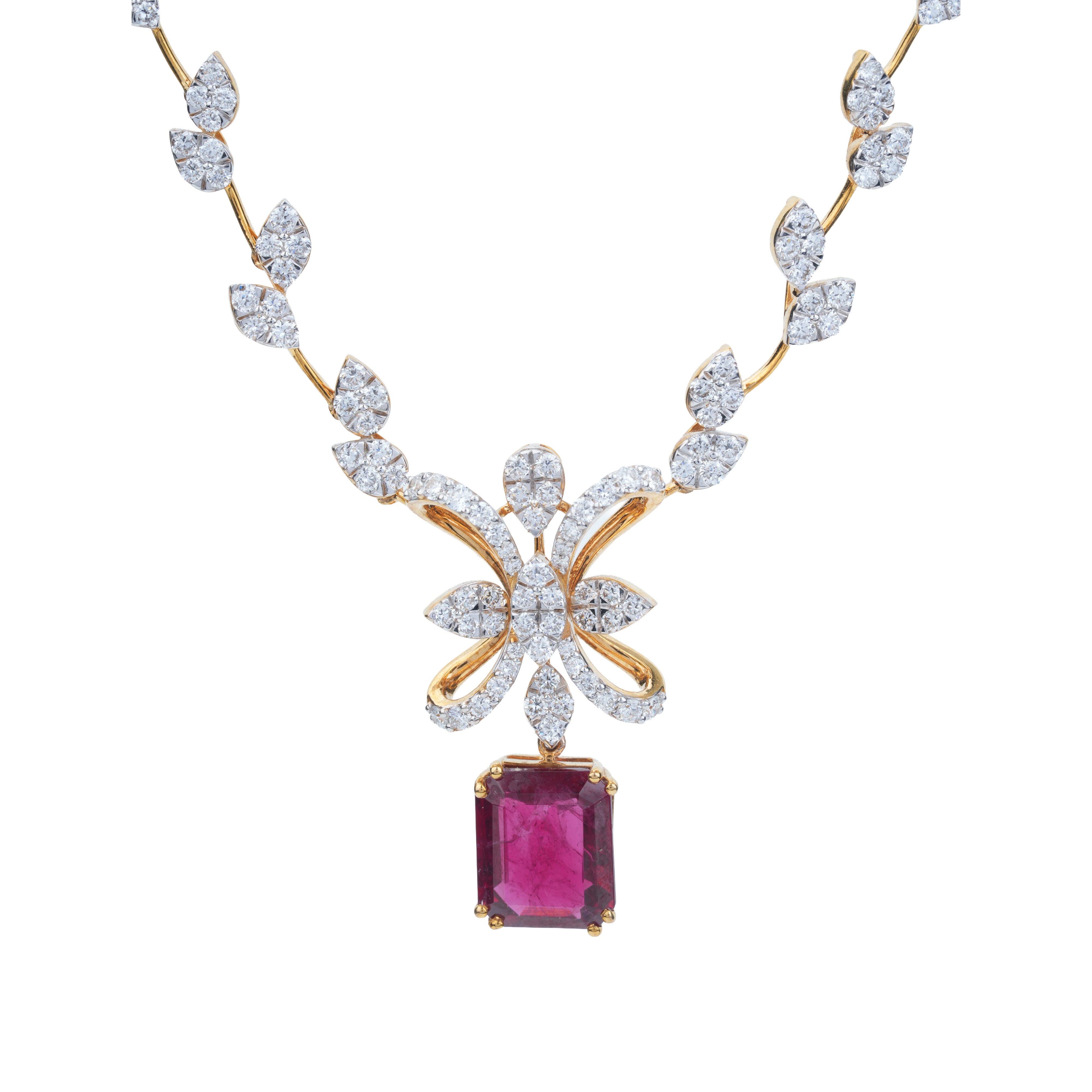 Floral Diamond Necklace with Pink Gemstone