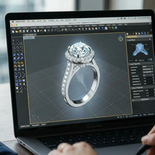 Laptop displaying jewelry design software with a diamond ring on screen