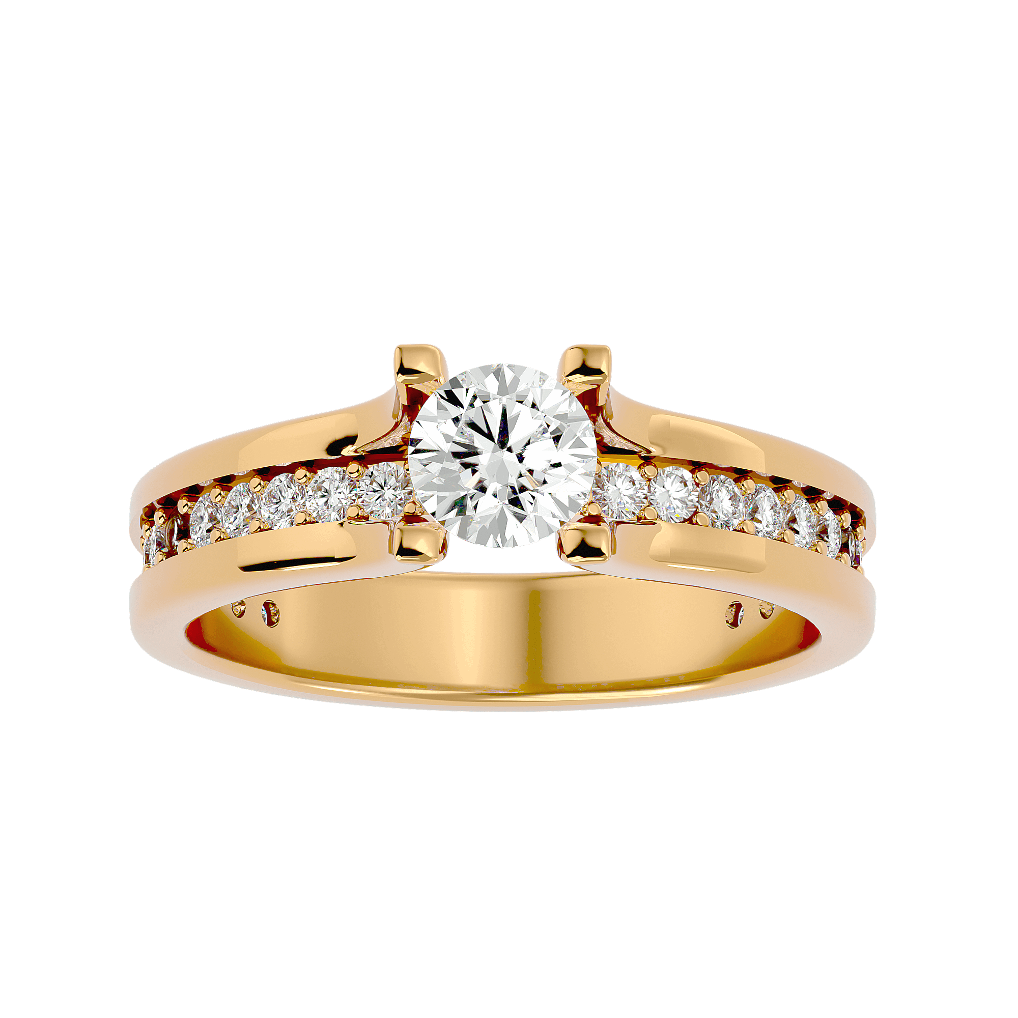 A gold diamond solitaire ring with smaller diamonds on the band, showcasing a large central diamond.