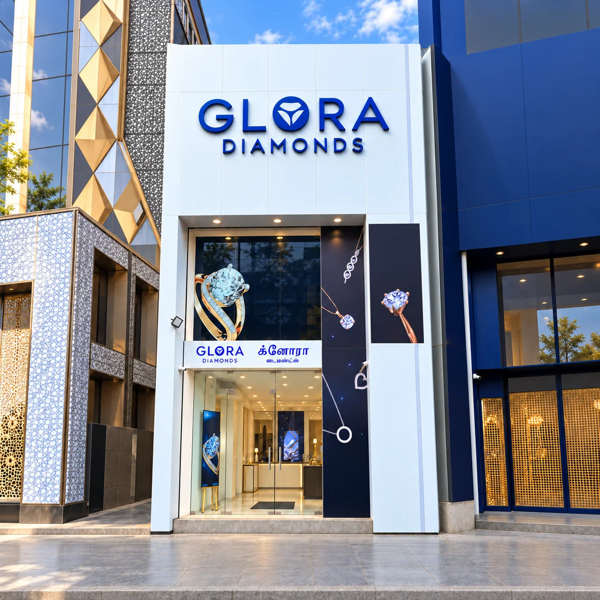 Daytime exterior render of Glora Diamonds showroom in T. Nagar, Chennai, showing the blue logo and glass entrance