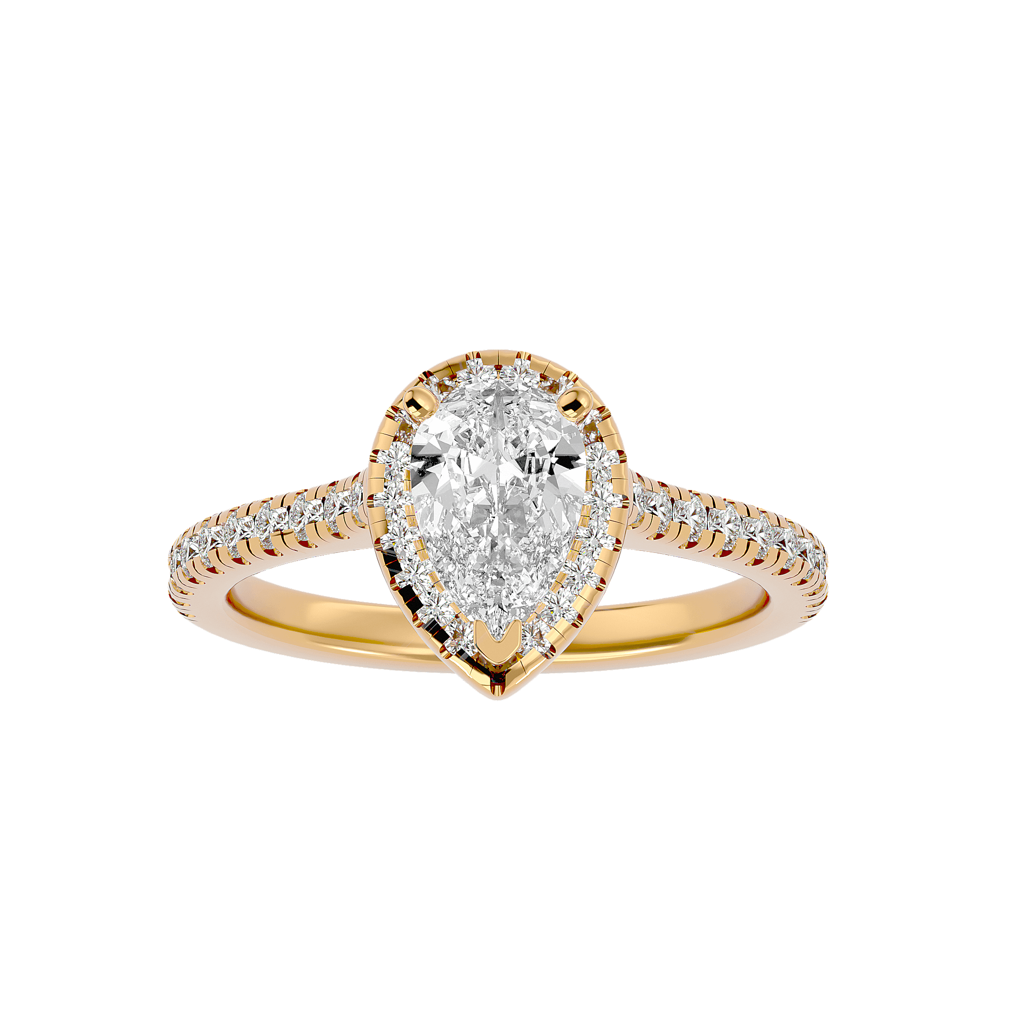 A gold diamond halo ring with a large central diamond and smaller diamonds around the band.