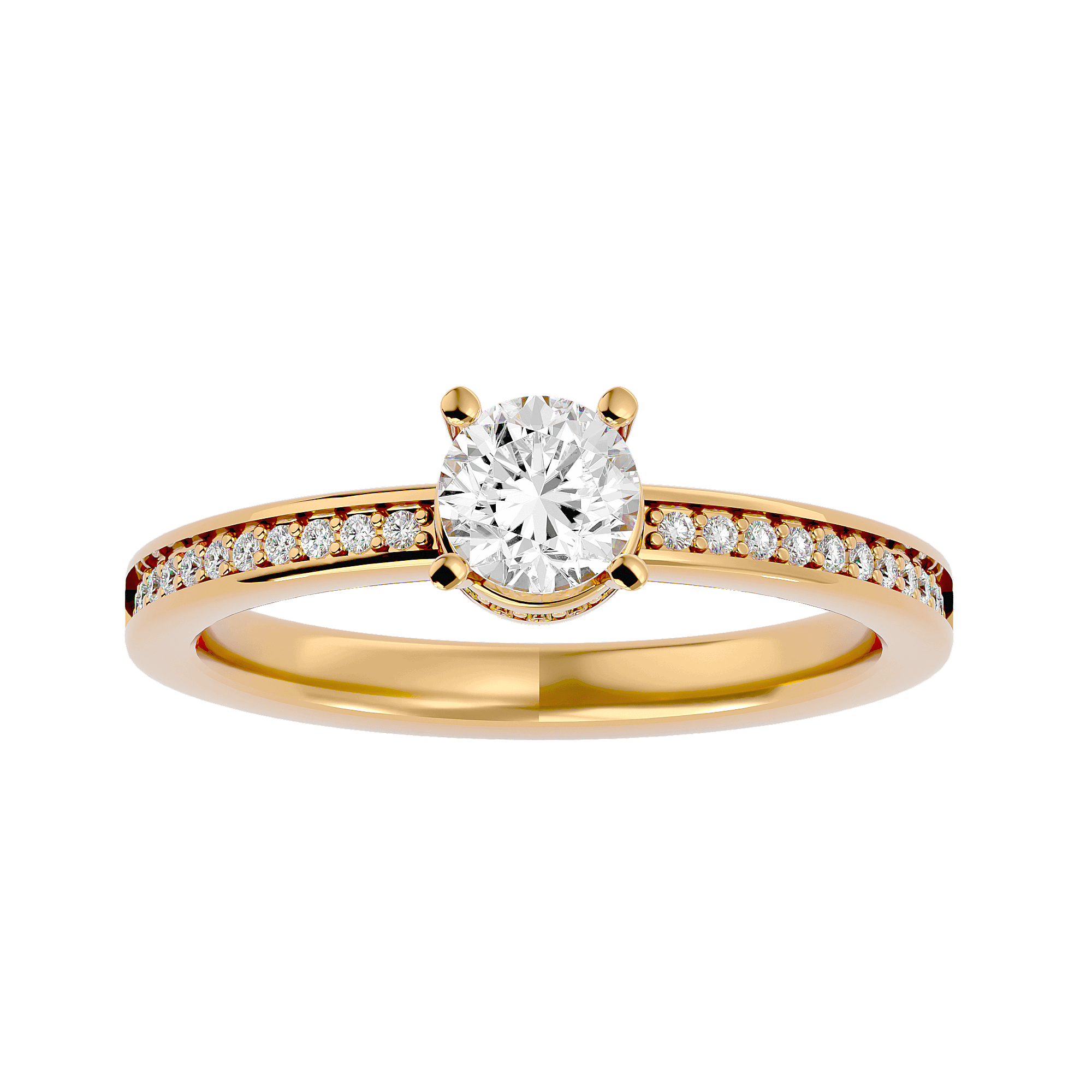 A gold diamond solitaire ring with smaller diamonds on the band, featuring a prominent central diamond.