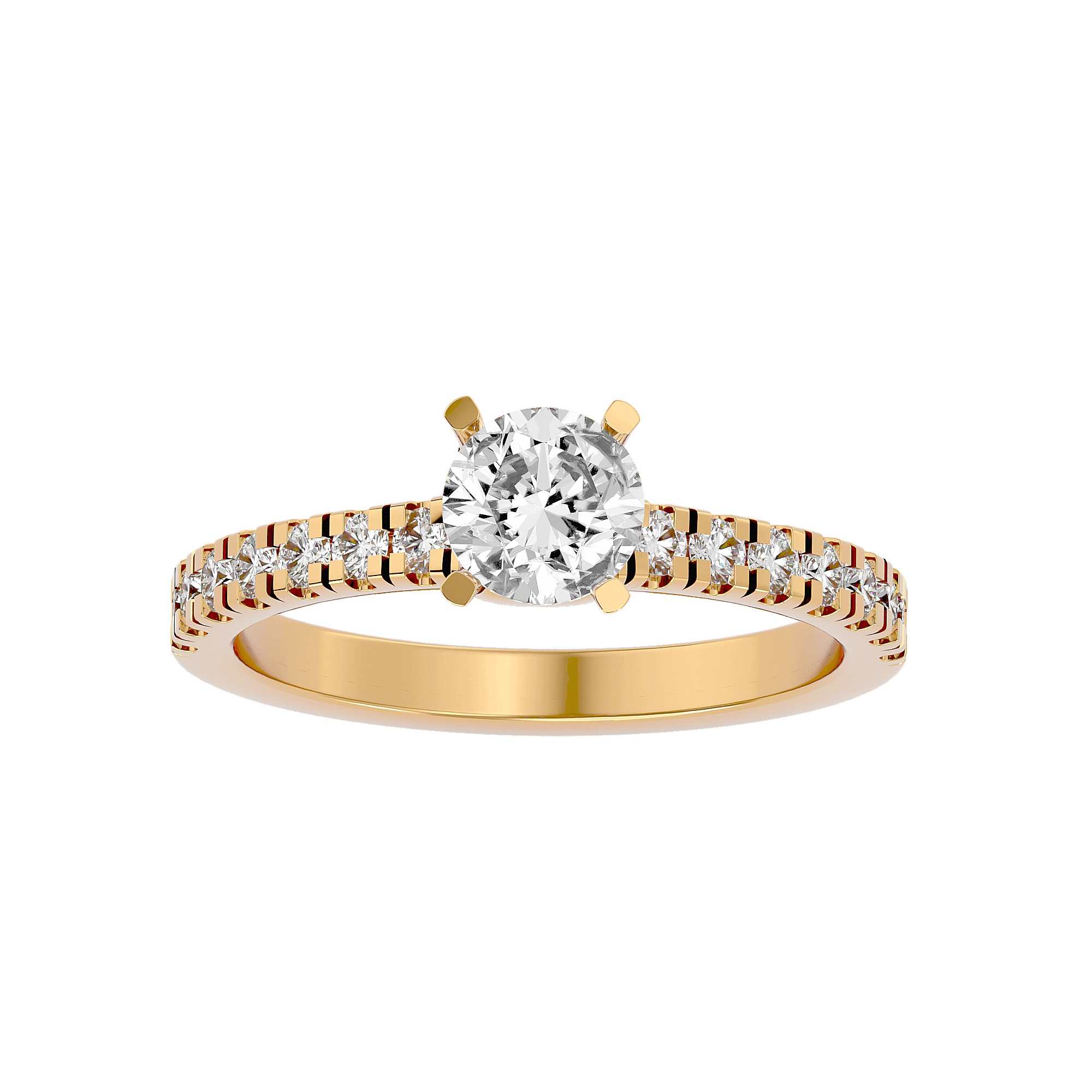 A gold diamond solitaire ring with a large central diamond and smaller diamonds on the band, set against a green background - Cora Diamond Solitaire Ring