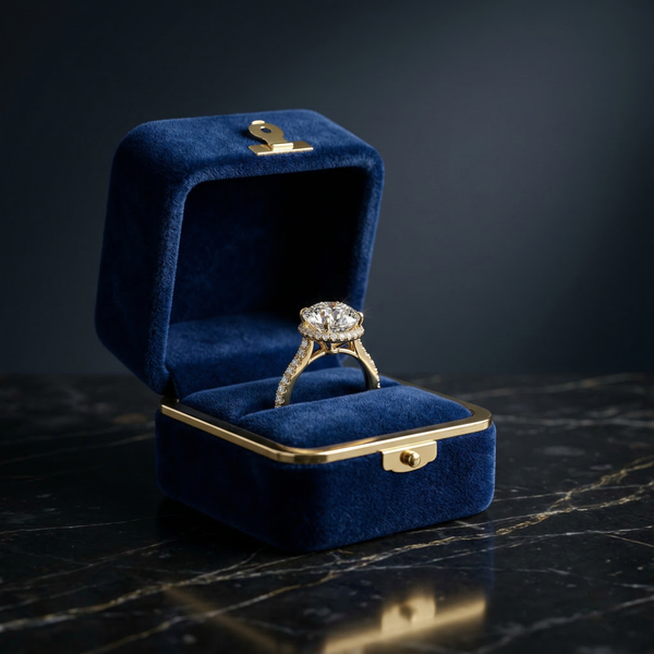 Diamond ring in a blue velvet box on a dark marble surface