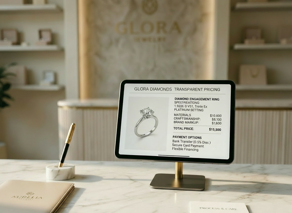 Tablet displaying jewelry pricing on a desk with 'Glora' branding in the background