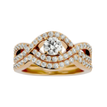 A diamond ring with multiple bands of inset stones set in a gold band, topped with a central diamond.
