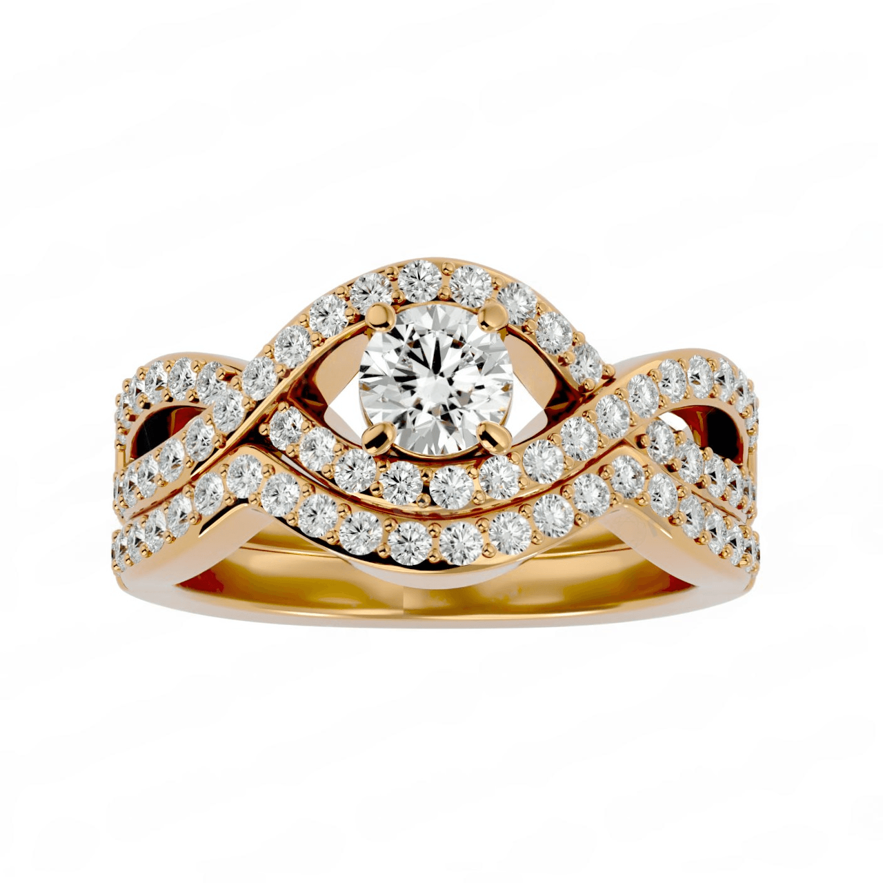 A diamond ring with multiple bands of inset stones set in a gold band, topped with a central diamond.
