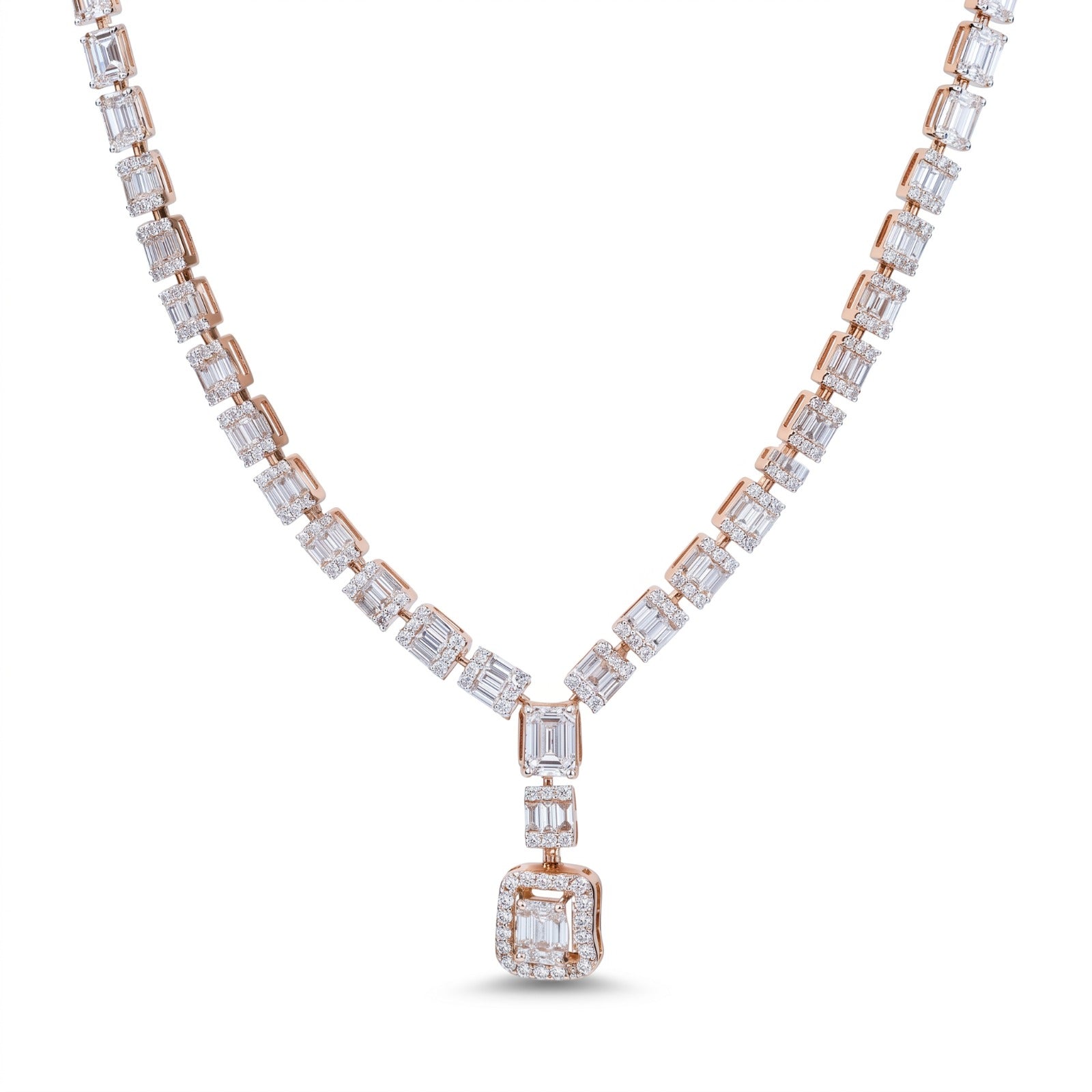 A rose gold necklace featuring a pavé-set diamond baguette chain and a matching square diamond pendant, displayed on a clean white background.