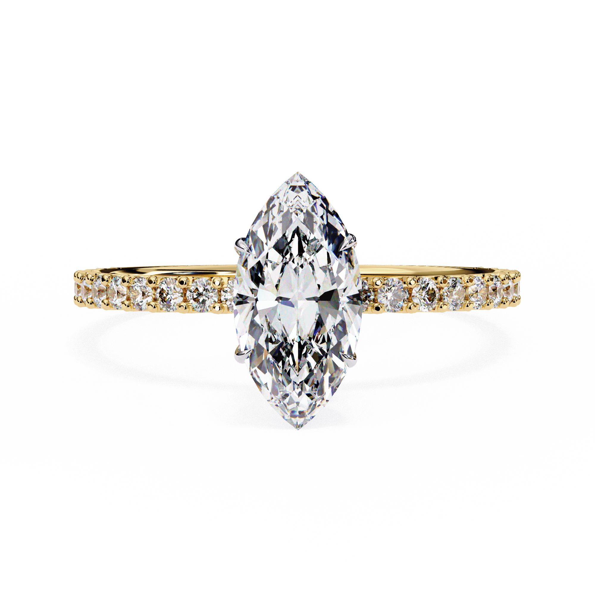 A marquise-cut diamond ring with smaller round diamonds on the band, set in yellow gold.