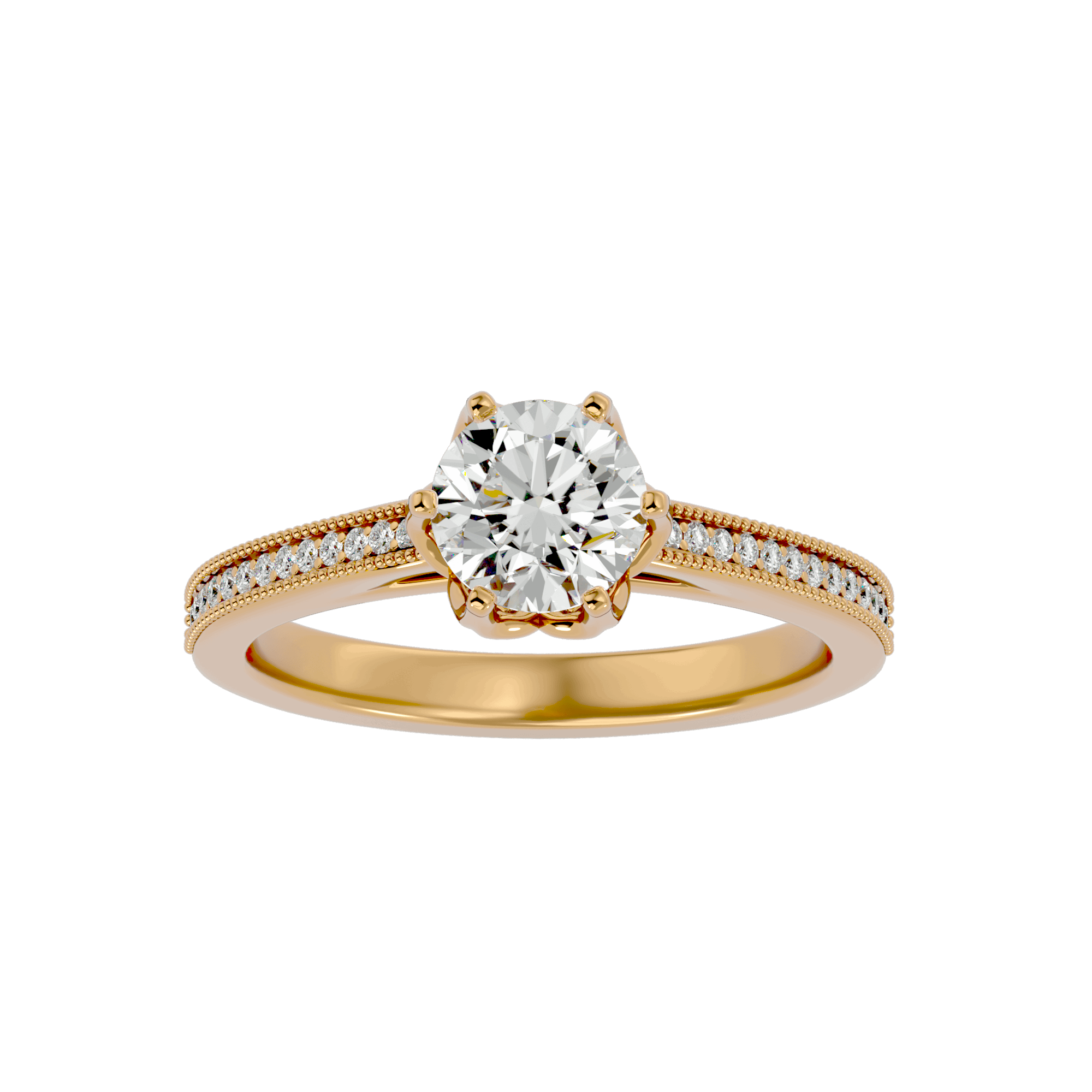 A gold diamond solitaire ring with smaller diamonds on the band, showcasing a large central diamond.