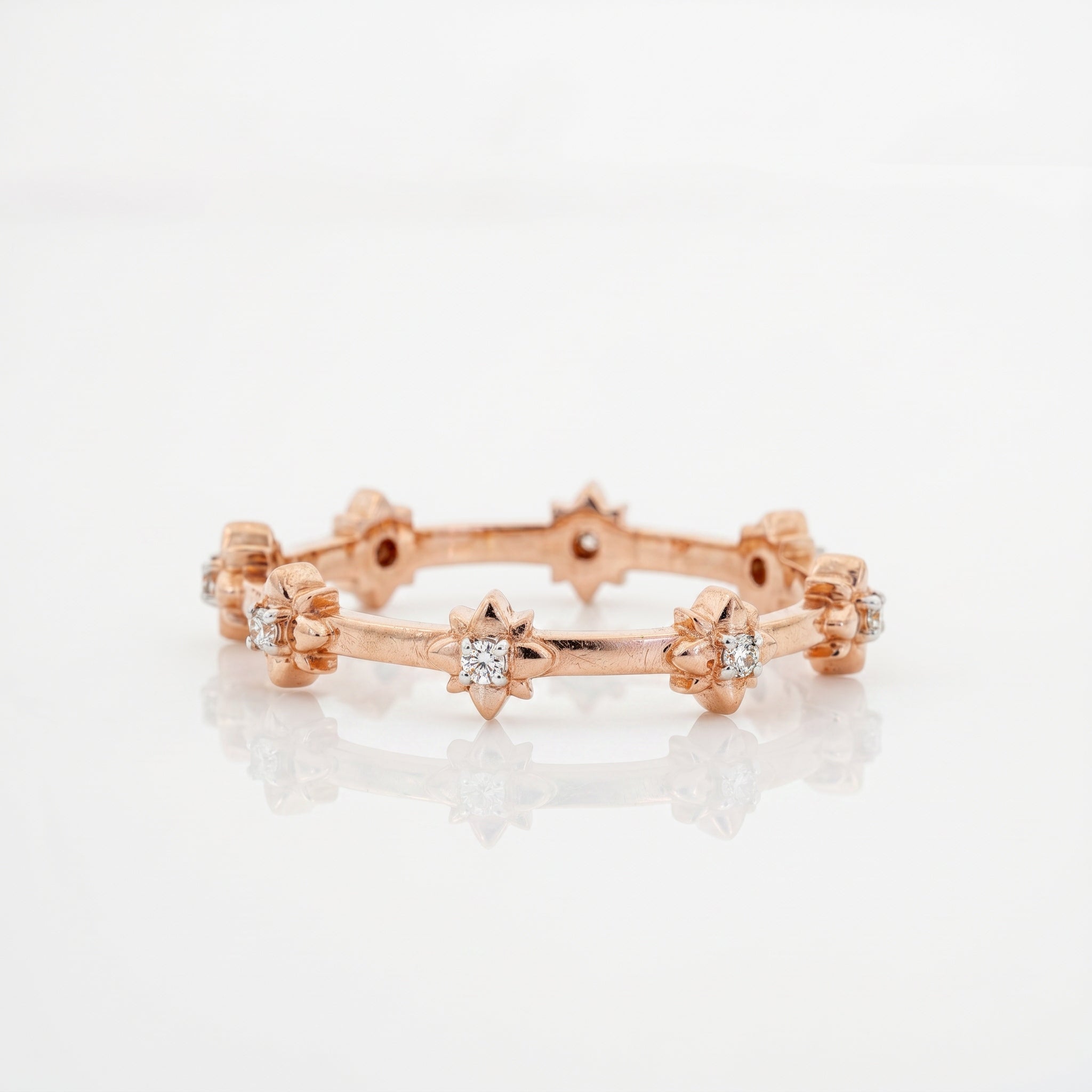 Floral lab grown diamond eternity band ring with flower-inspired diamond settings in rose gold by Glora Diamonds Chennai