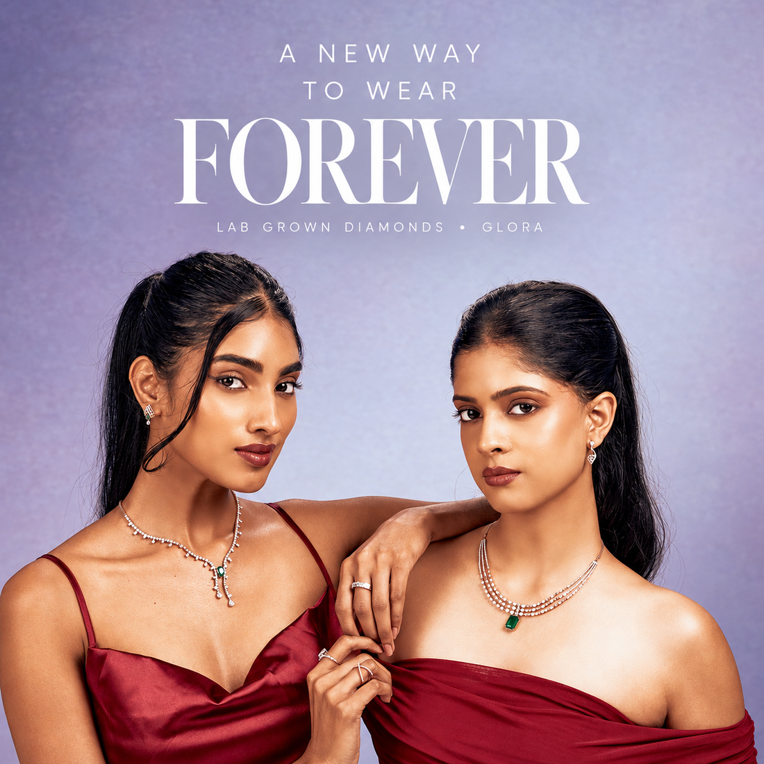 Two models wearing Glora diamond jewellery
