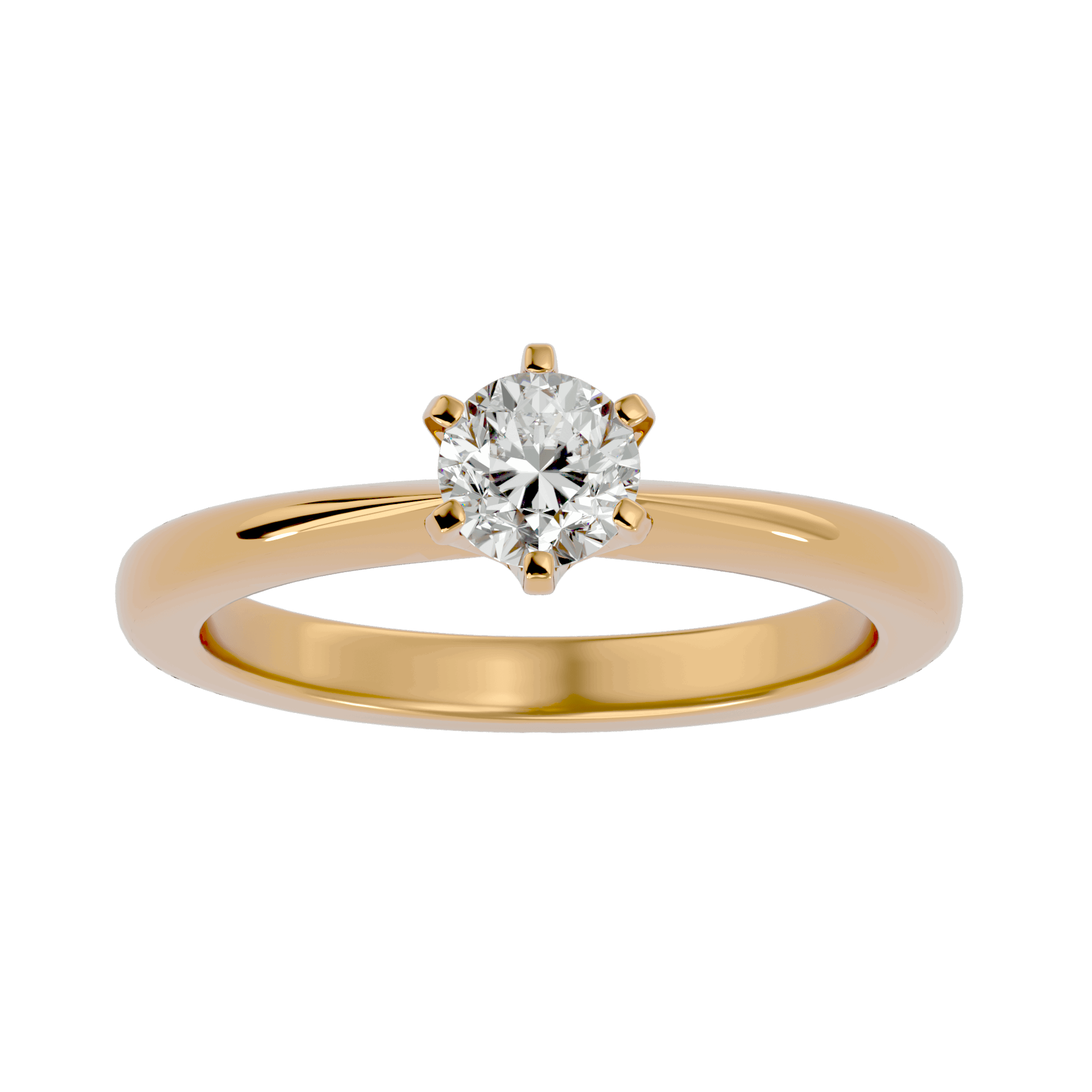 A single solitaire diamond ring with a gold band and a prominent central diamond, set in a six-pronged setting.