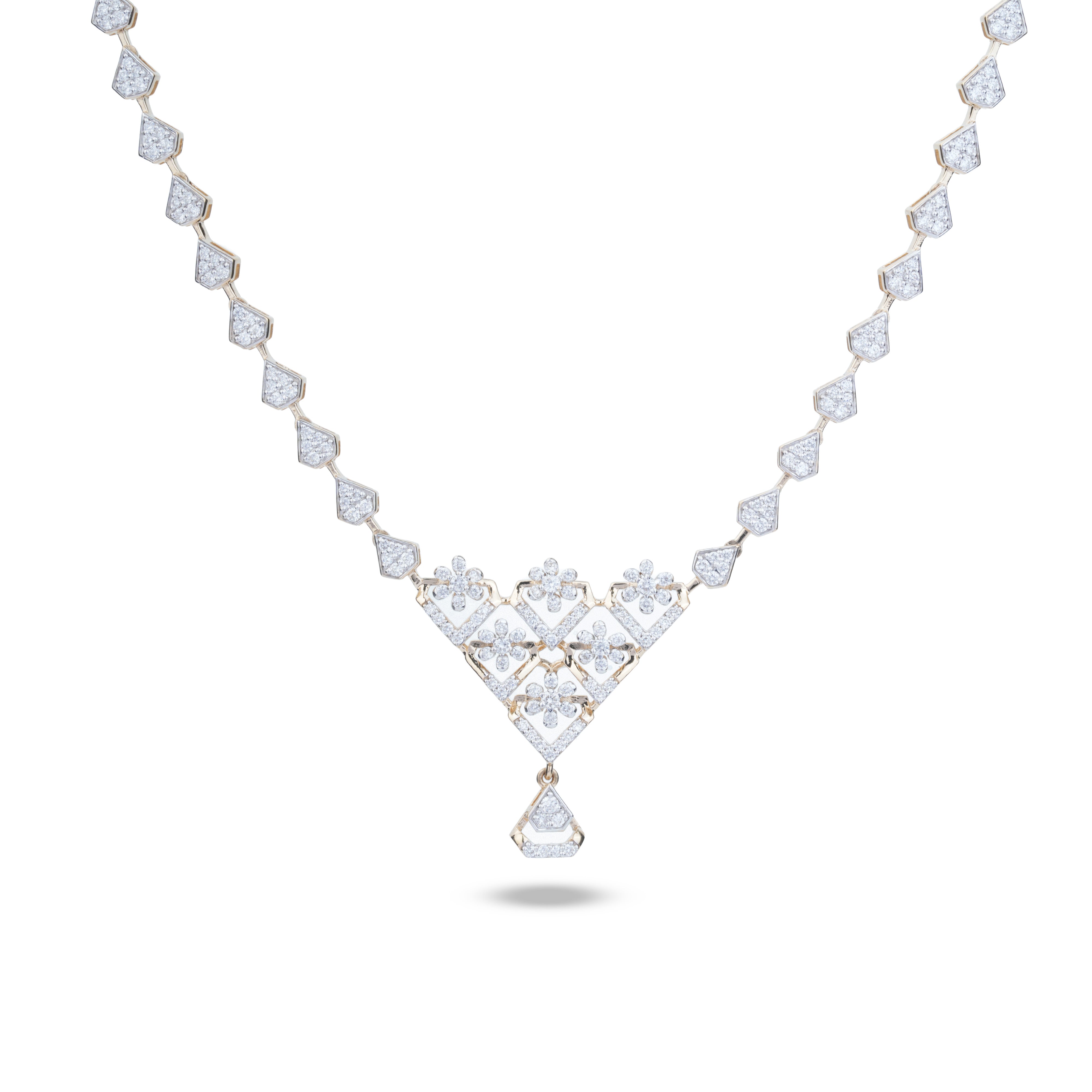 A diamond necklace with a geometric pendant in yellow gold, featuring a V-shaped arrangement of clear gemstones on a white background.