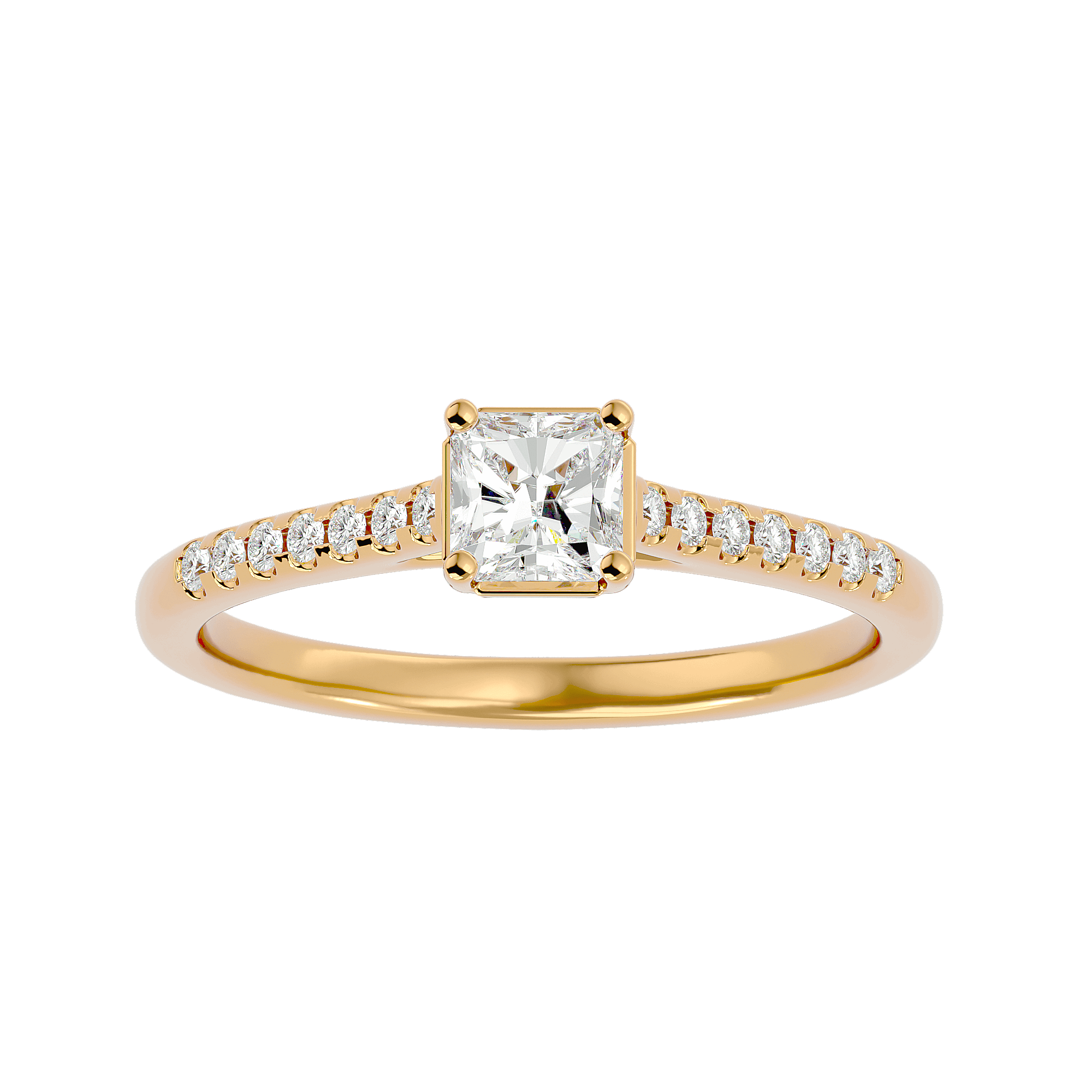 A gold diamond solitaire ring with smaller diamonds on the band, featuring a single prominent diamond in the center.