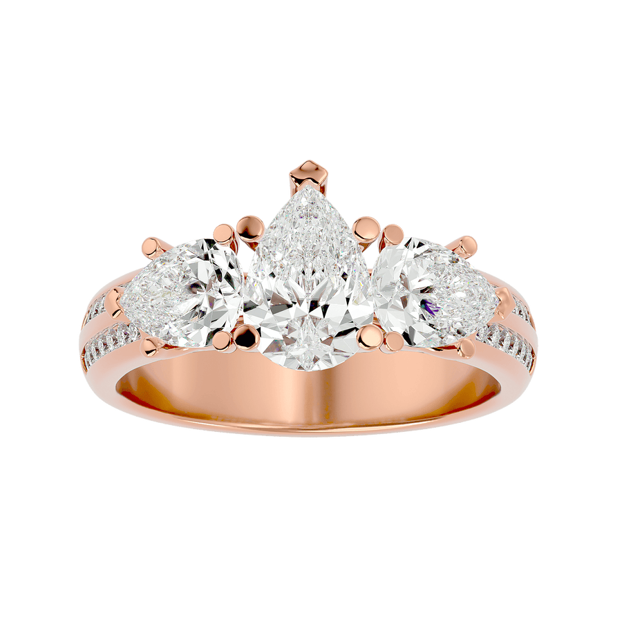 A rose gold diamond ring with multiple stones, featuring a prominent central diamond.