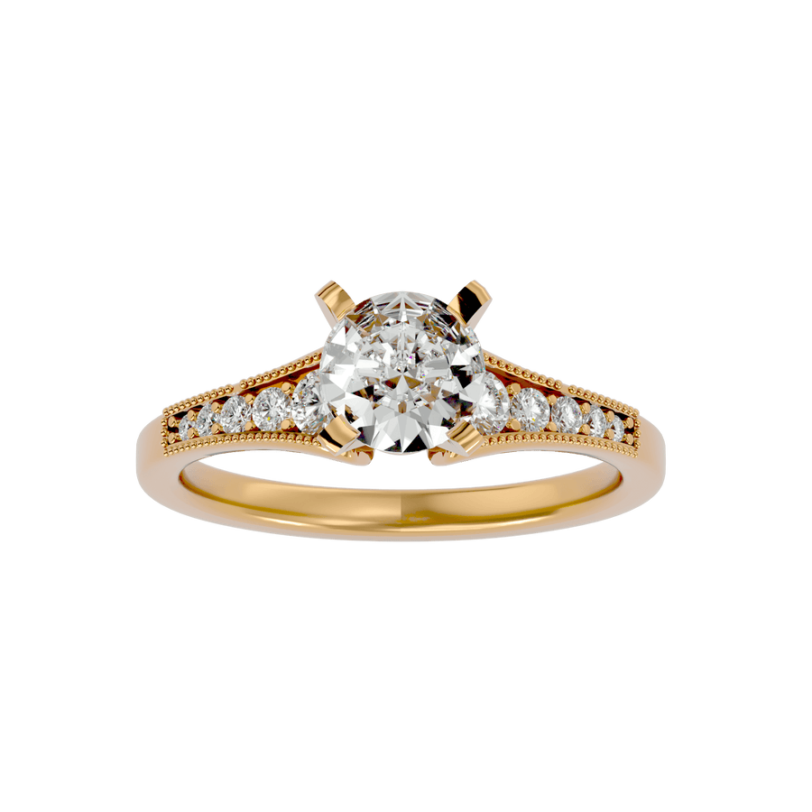 A diamond solitaire ring with a gold band, featuring a central diamond surrounded by smaller diamonds set in gold bands.