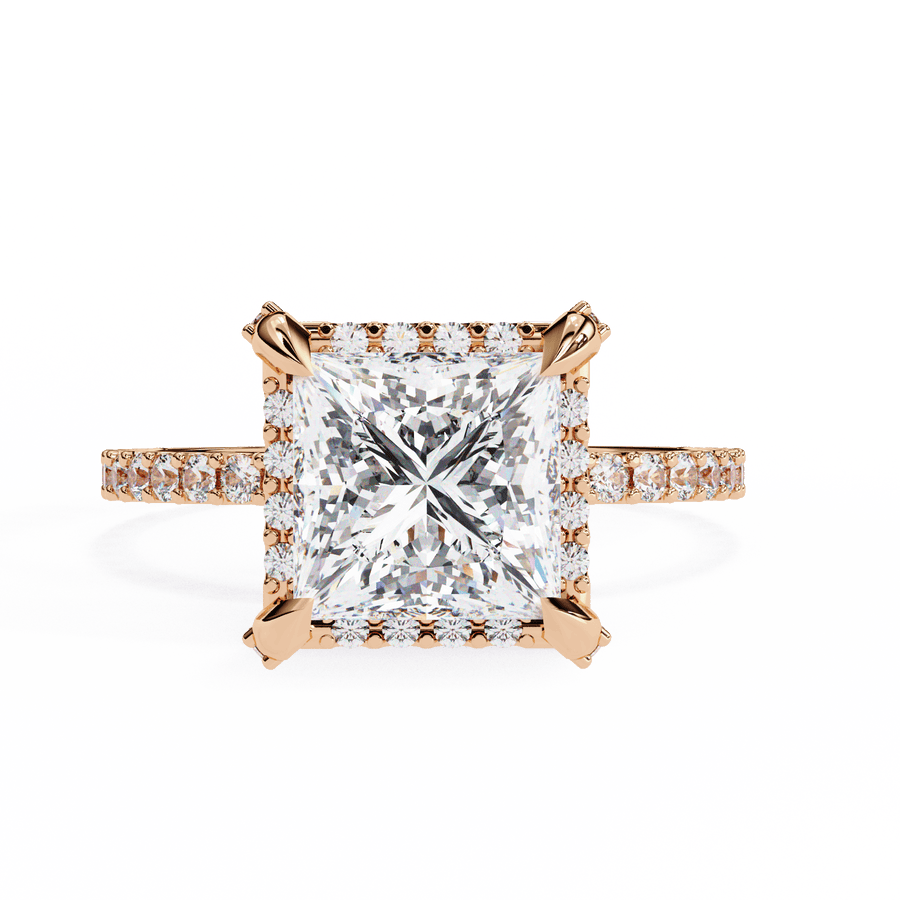 A rose gold diamond ring with a large central diamond surrounded by smaller diamonds on the band, set against a black background.