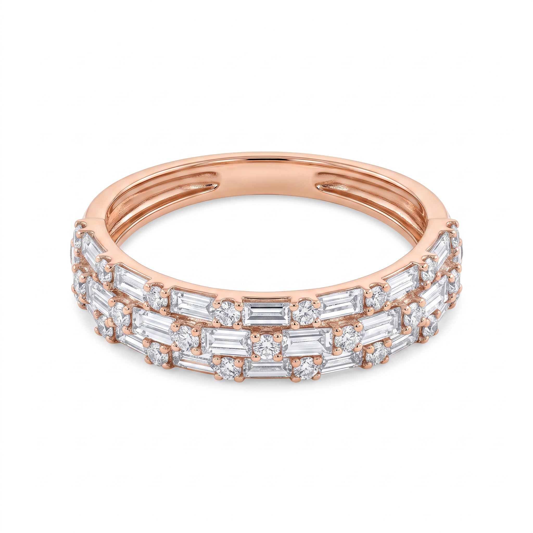 A rose gold eternity ring featuring multiple rows of baguette and round-cut clear stones, shown on a clean white background.