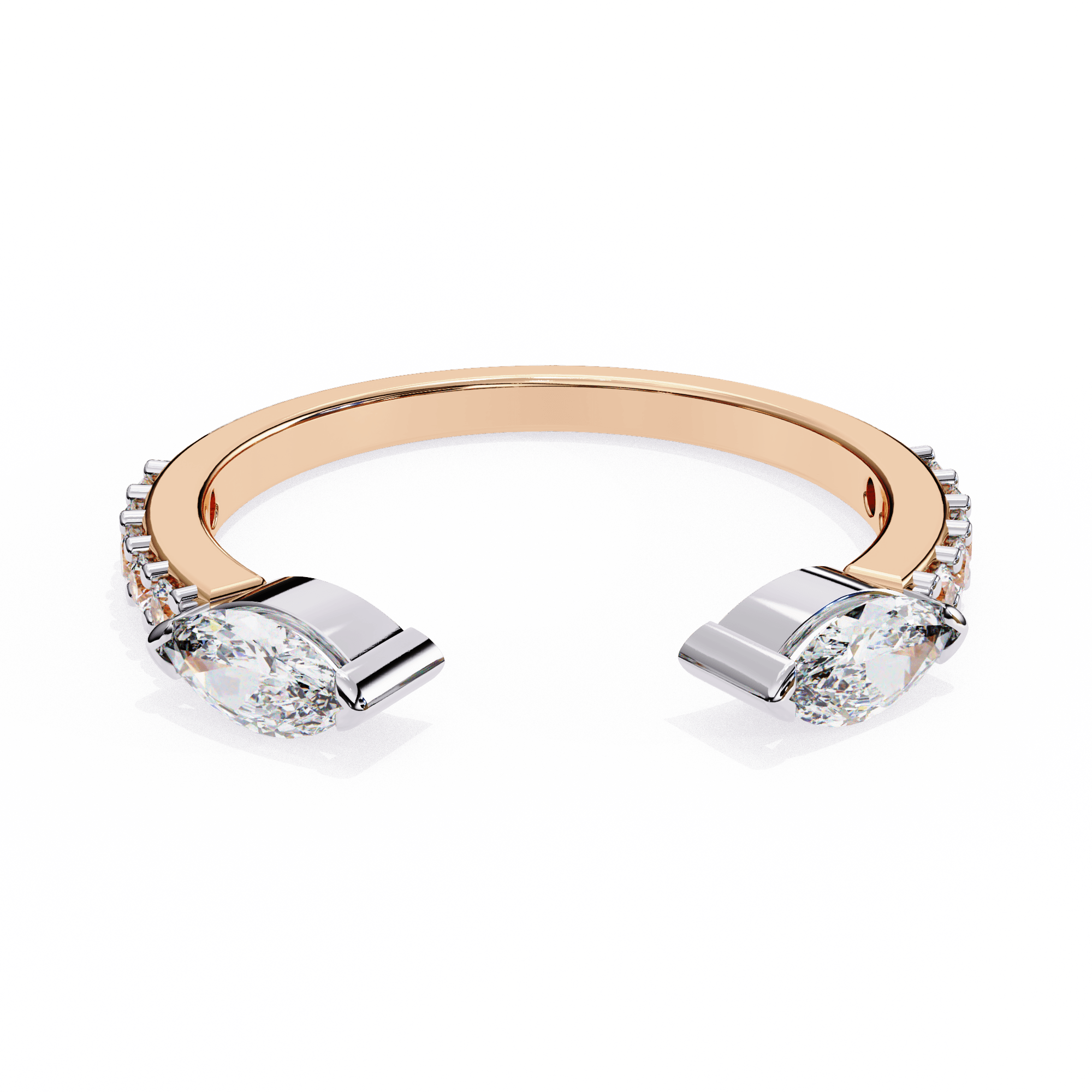 A two-tone diamond band with rose gold and silver tones, featuring multiple gemstones. Marquese Duo Tone Open Pavé Diamond Band