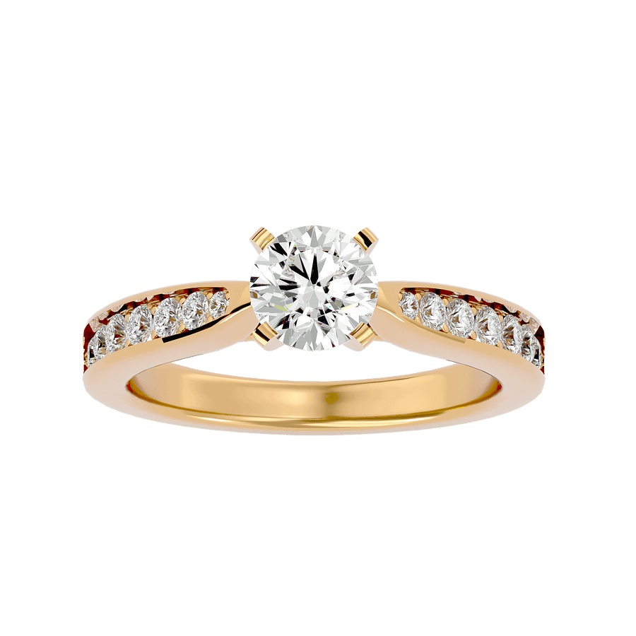 A gold diamond solitaire ring with smaller diamonds on the band, featuring a prominent central diamond.