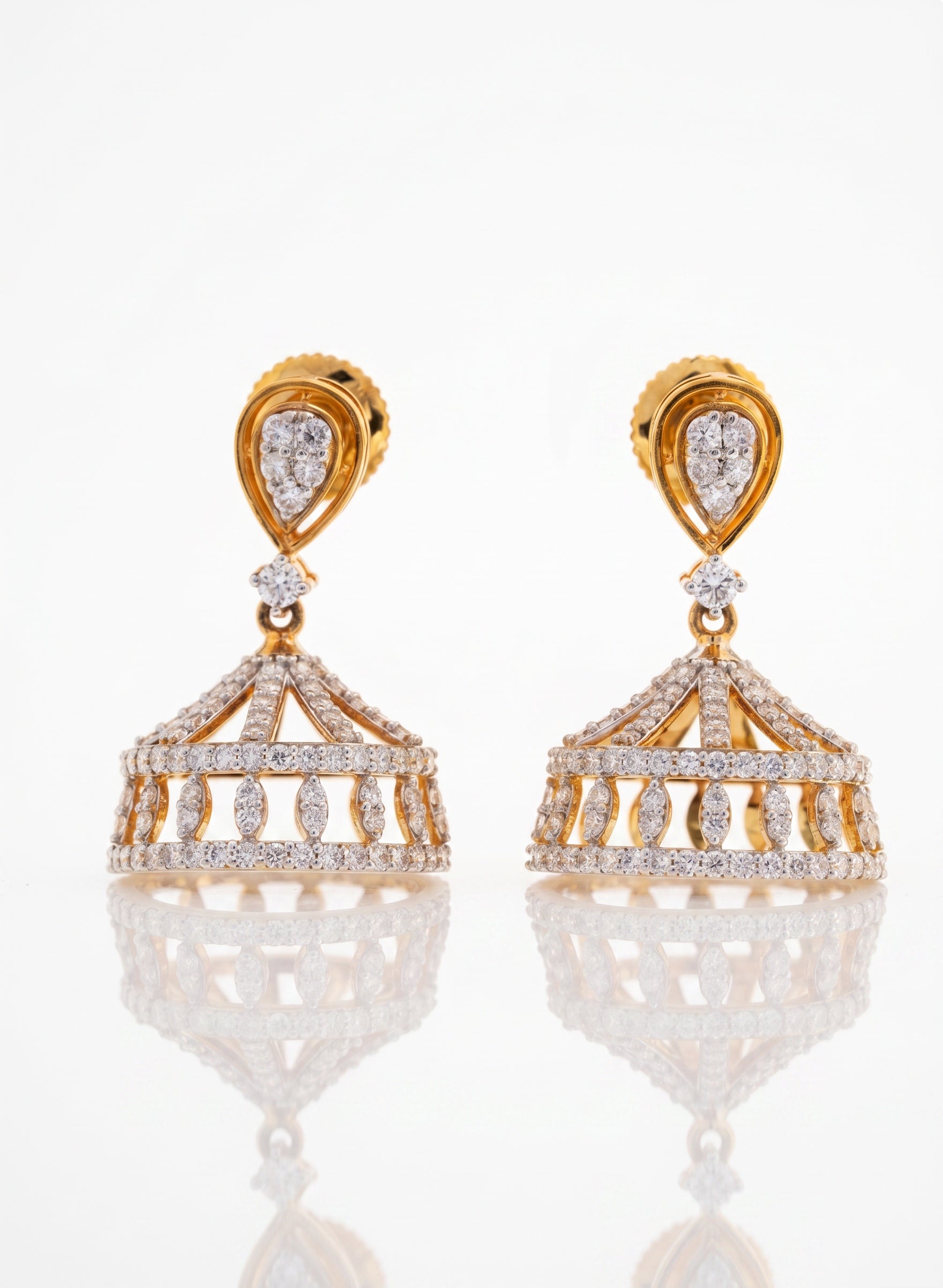 Mukutheia 9KT Gold Diamond Crown Jhumka Earrings