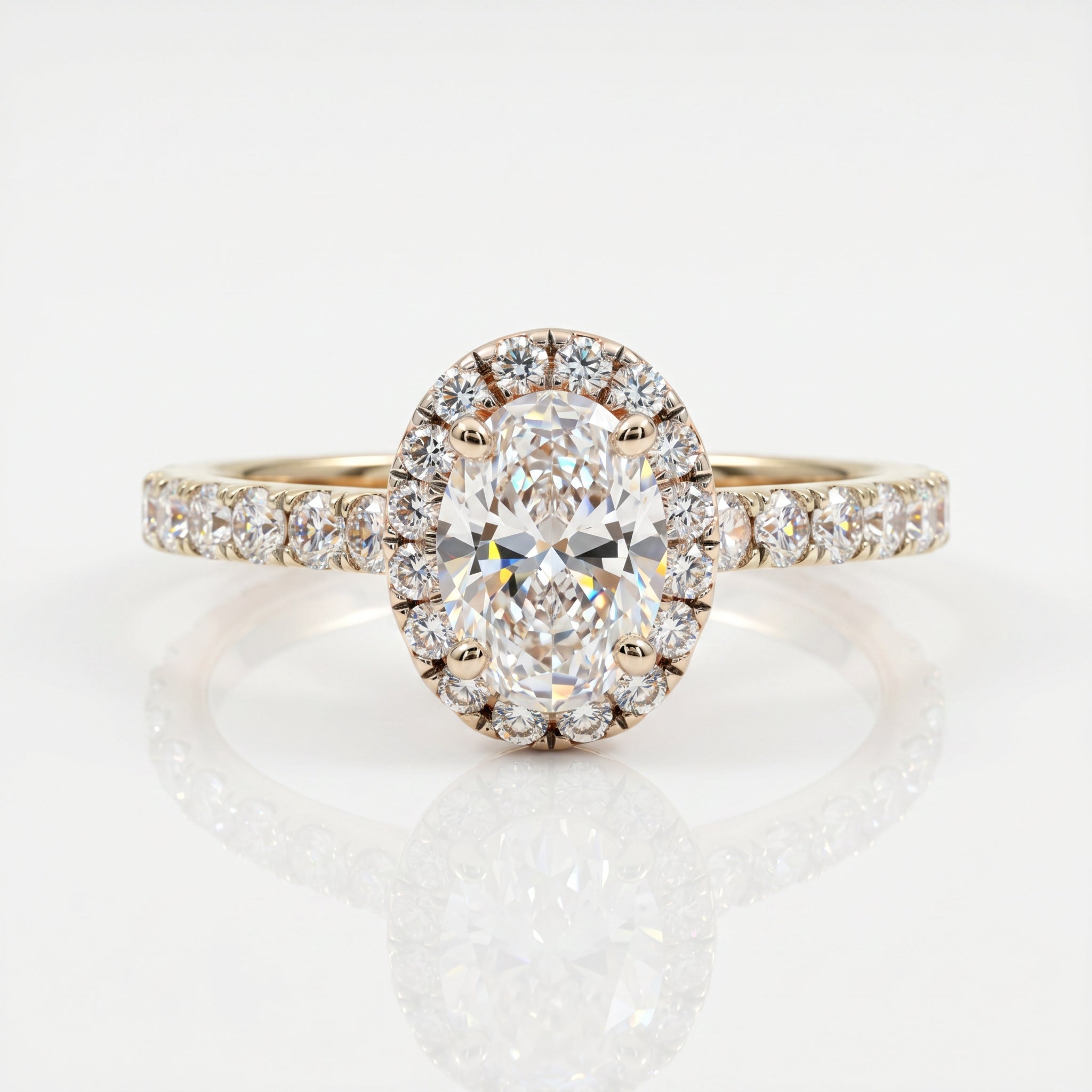 Oval cut lab grown diamond halo ring with round brilliant halo diamonds and pavé band by Glora Diamonds Chennai