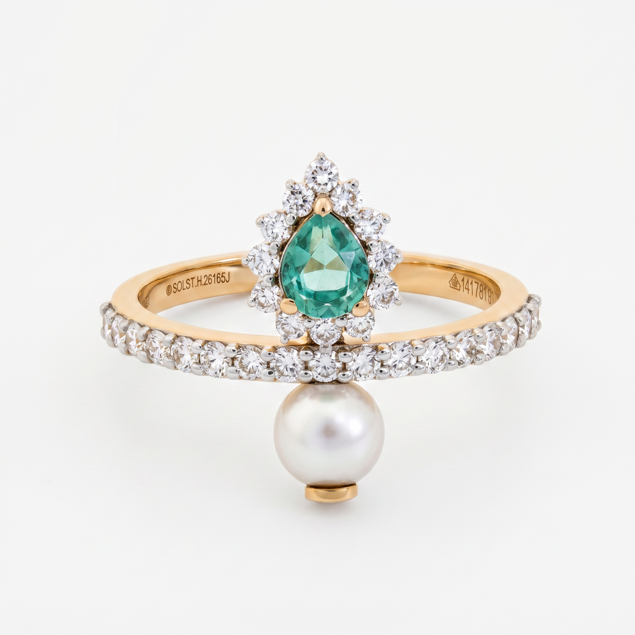 Pear-shaped green gemstone halo lab grown diamond pavé ring with pearl accent in yellow gold by Glora Diamonds