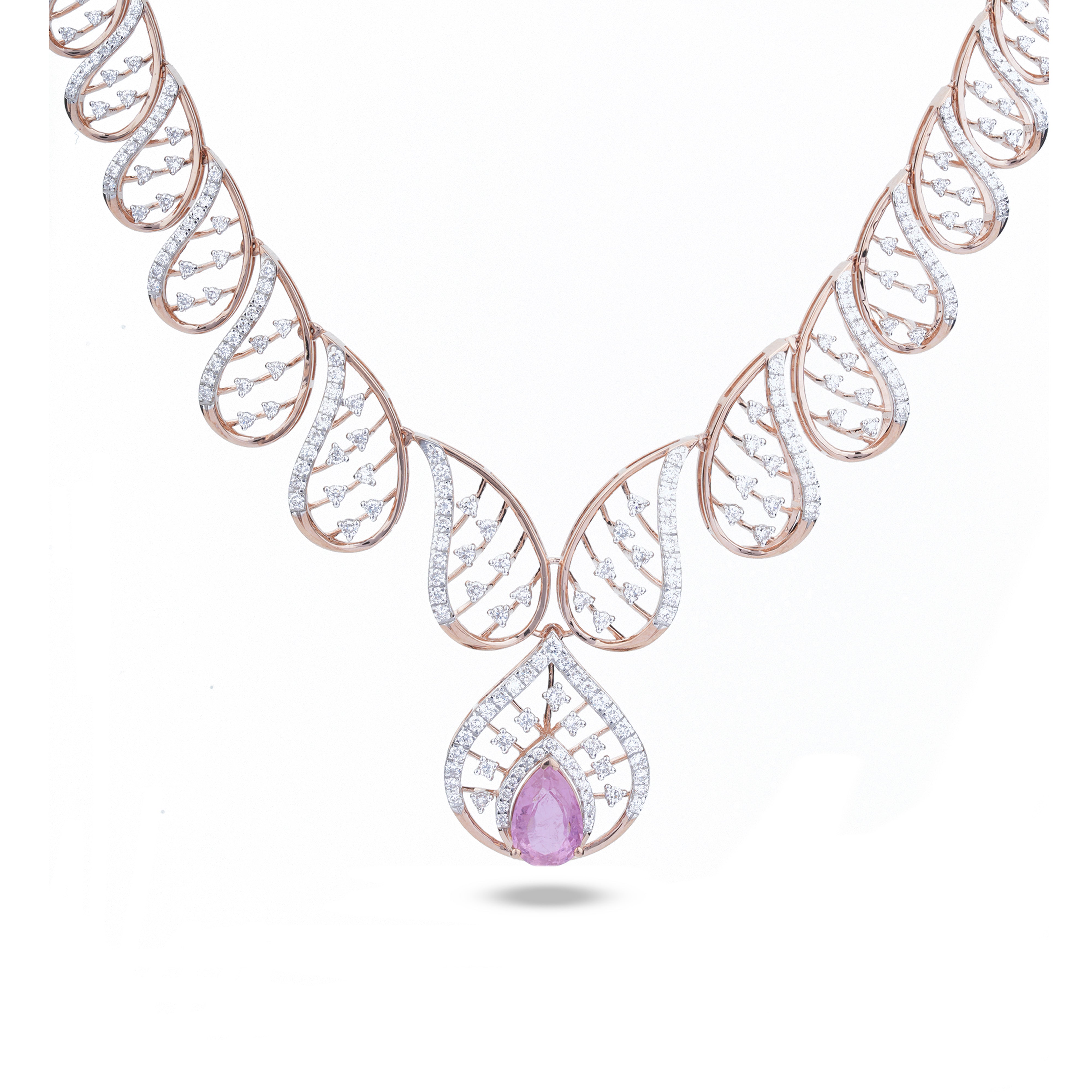Rose Gold Diamond Necklace with leaf-inspired diamond design and pear-shaped pink gemstone pendant.