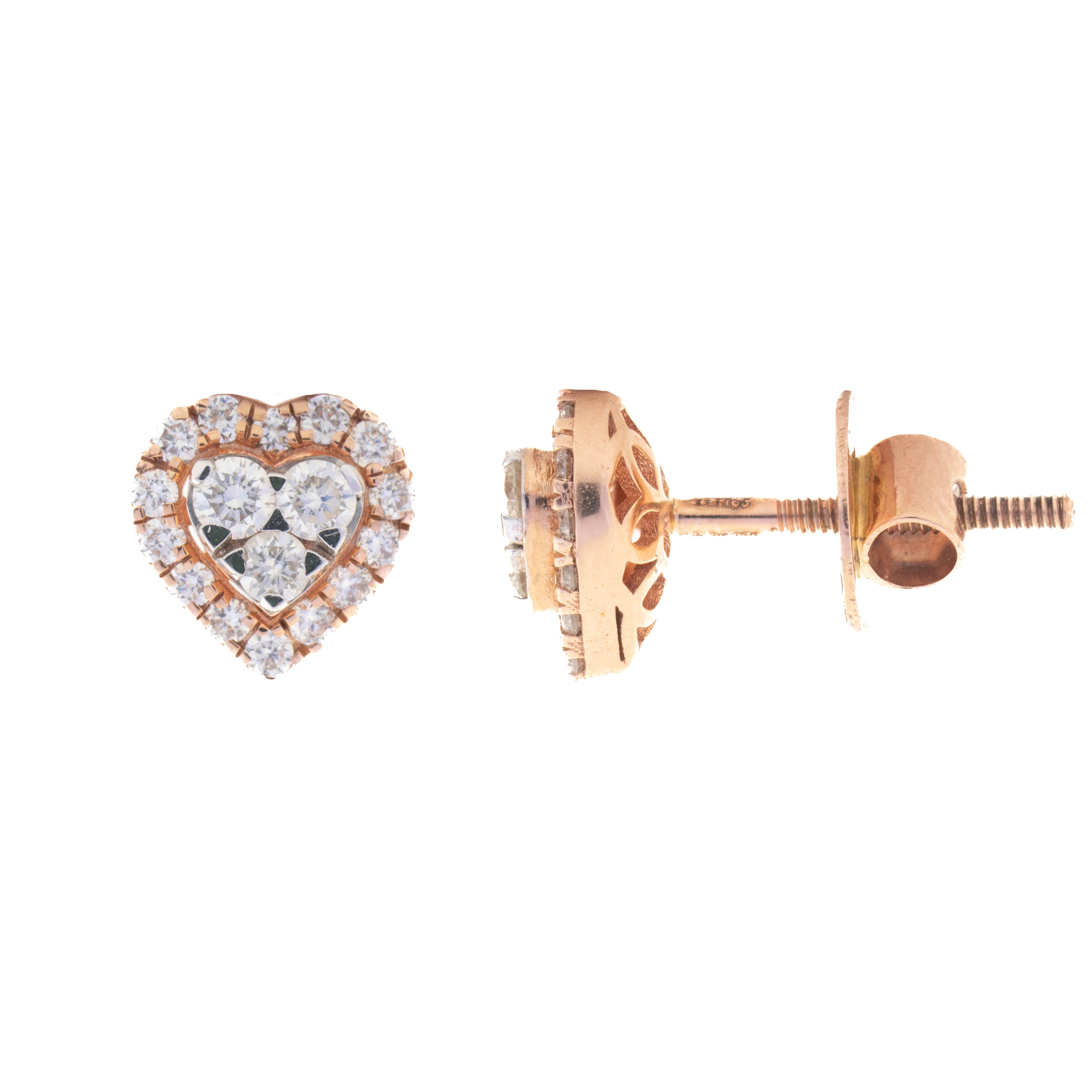 Heart-shaped diamond earrings with rose gold setting on a white background