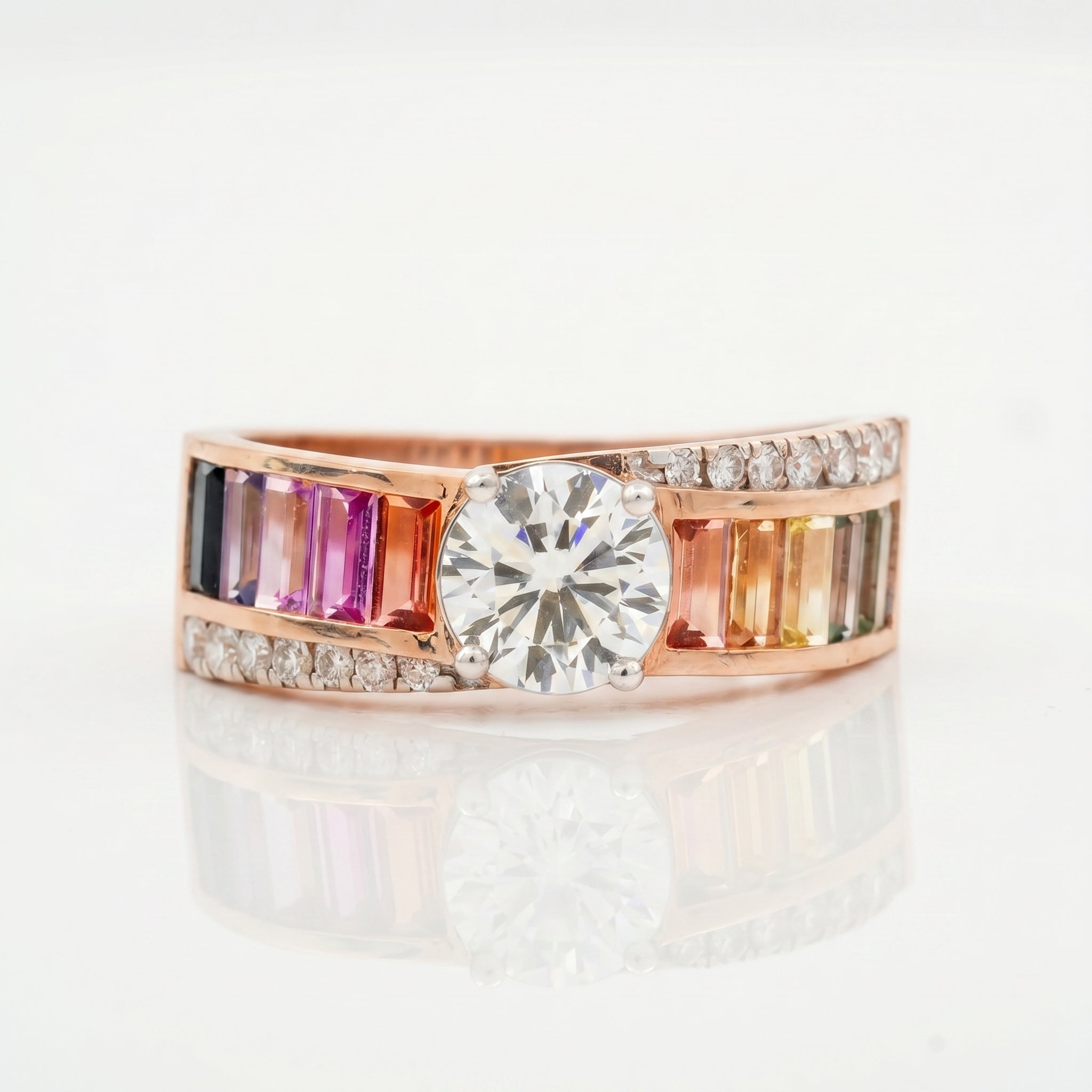 Round brilliant diamond rainbow spectrum ring with baguette-cut colored gemstones and pavé diamond accents by Glora Diamonds Chennai