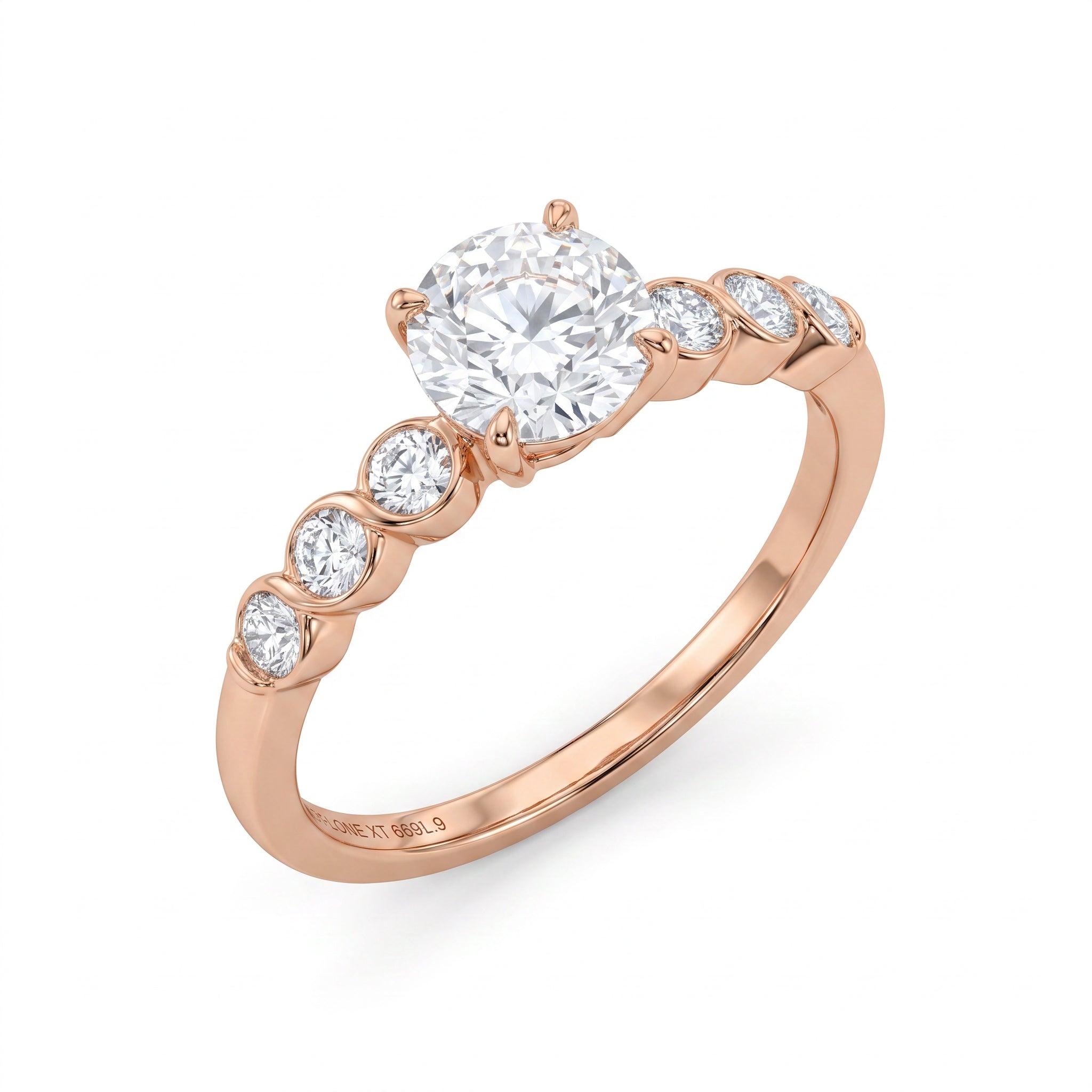A rose gold engagement ring featuring a round brilliant-cut center stone and a row of smaller round stones along the shank, shown on a clean white background.