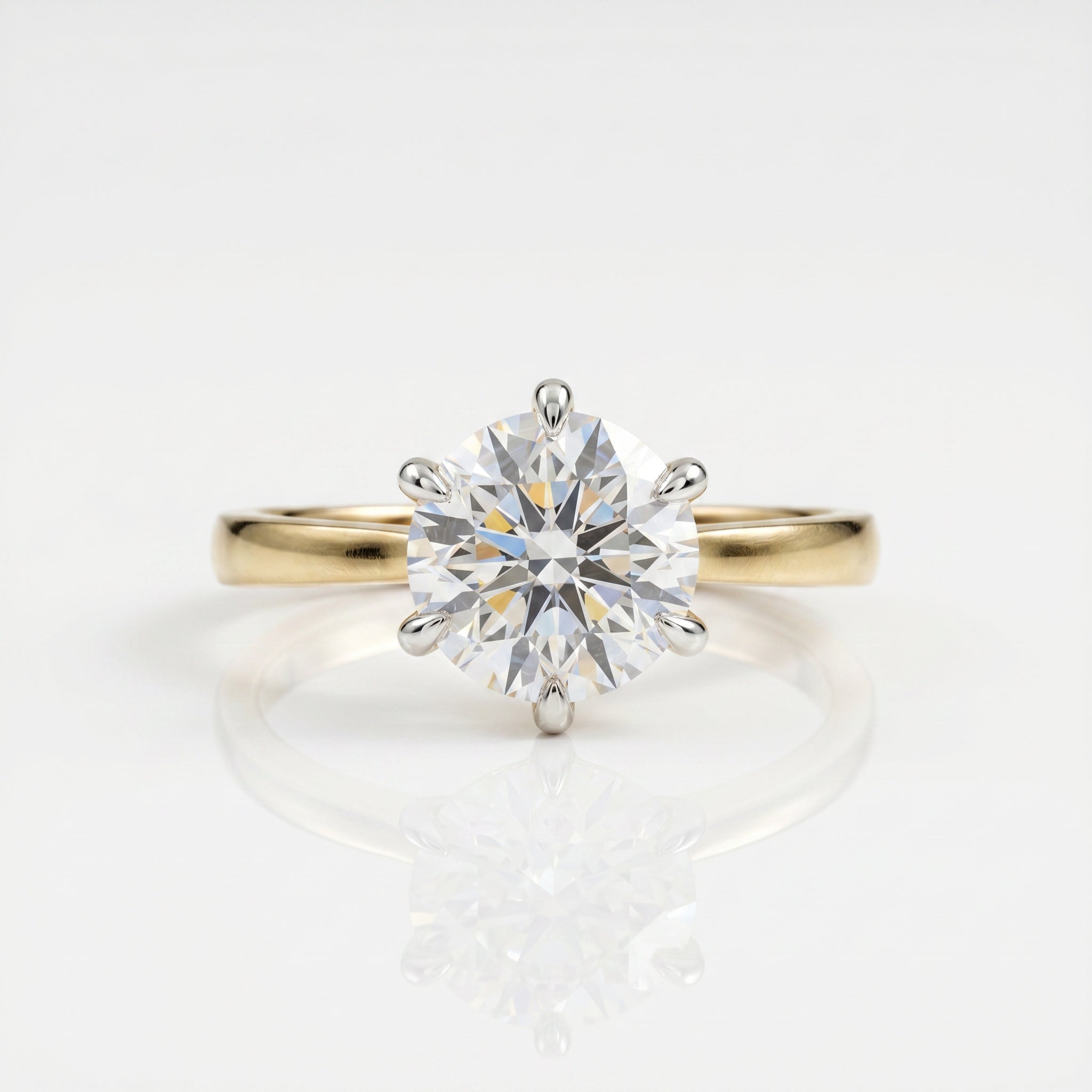 Round brilliant lab grown diamond solitaire ring with six-prong setting in gold by Glora Diamonds Chennai