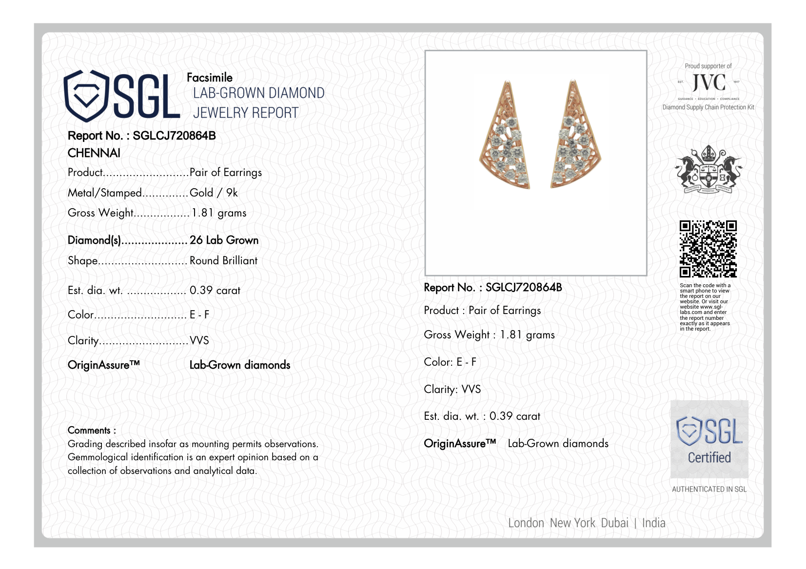 Jewelry report for a pair of gold earrings with lab-grown diamonds, featuring SGL and IVD logos.