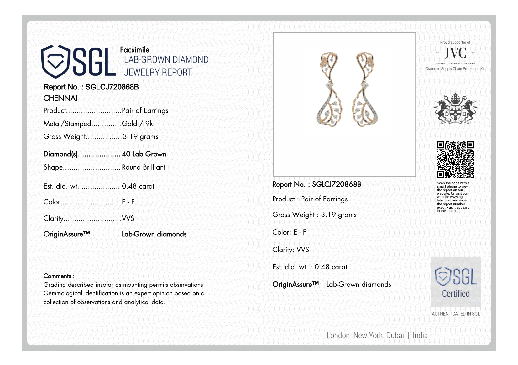 Jewelry report for a pair of gold earrings with lab-grown diamonds, featuring SGL and IVD logos.