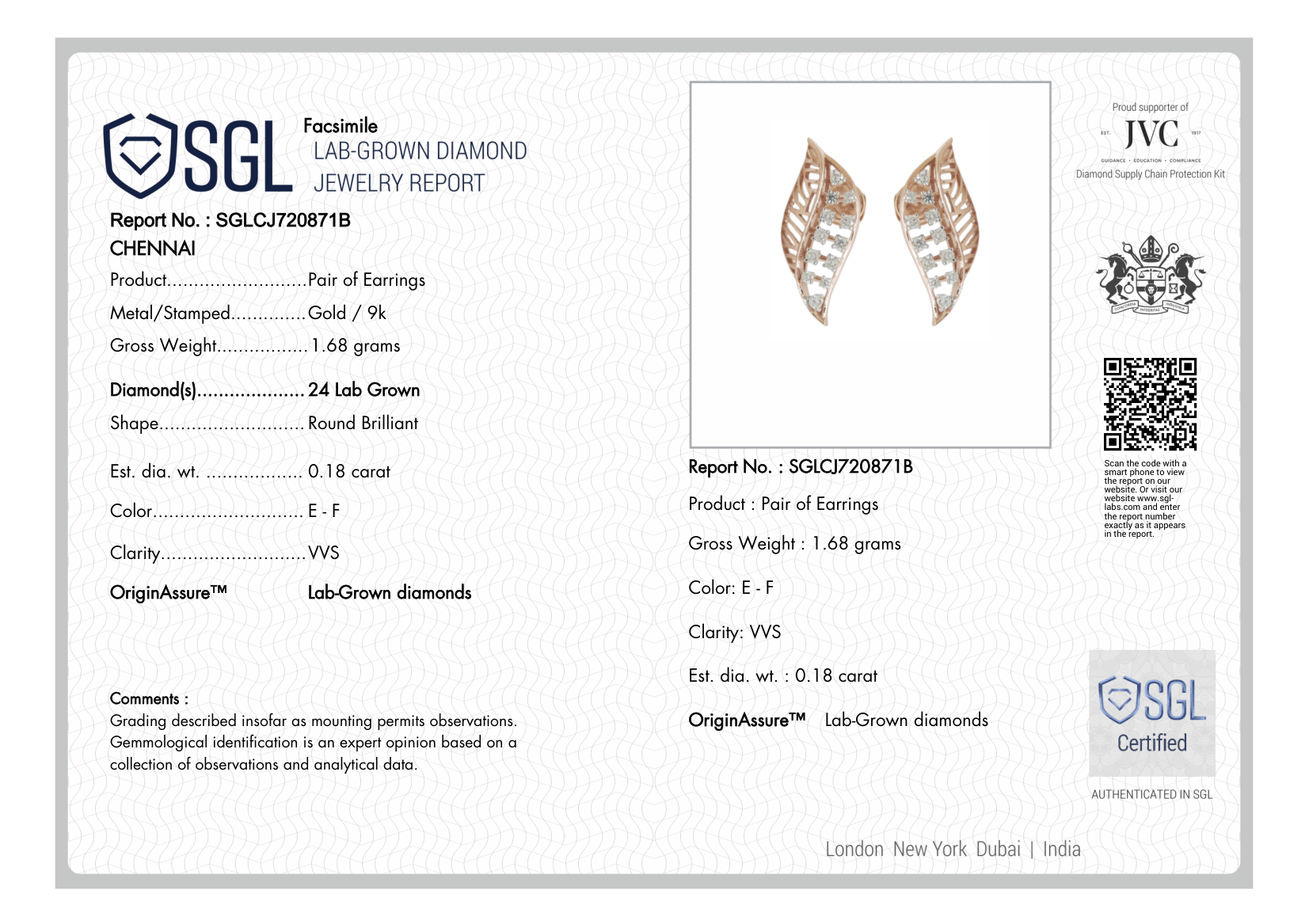 Jewelry report for a pair of gold earrings with lab-grown diamonds, featuring SGL and IVD logos.